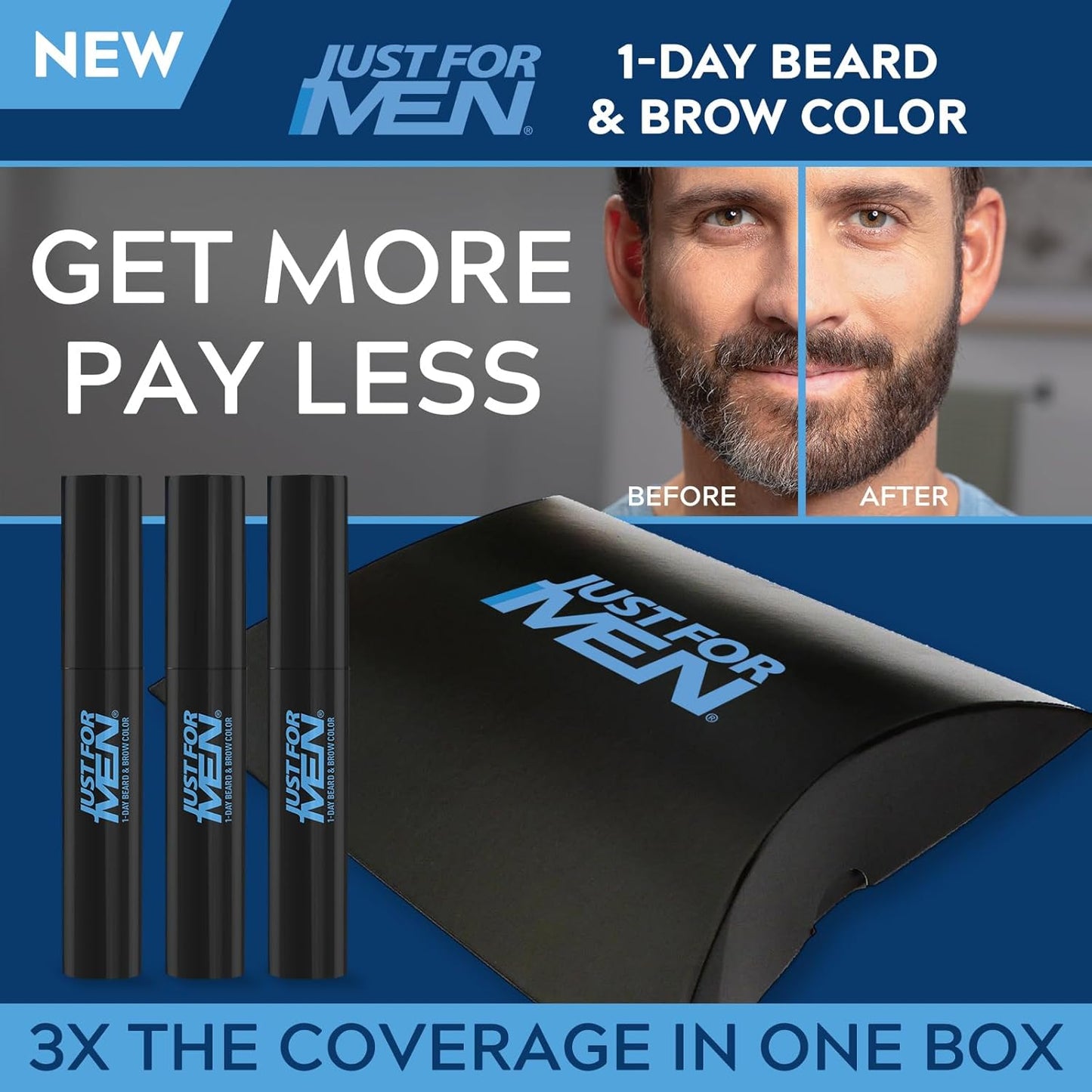 Just for Men 1-Day Beard & Brow Color, Temporary Color for Beard and Eyebrows, For a Fuller, Well-Defined Look, Up to 30 Applications, Light Brown, Ships in Eco-Friendly Packaging (Pack of 3)