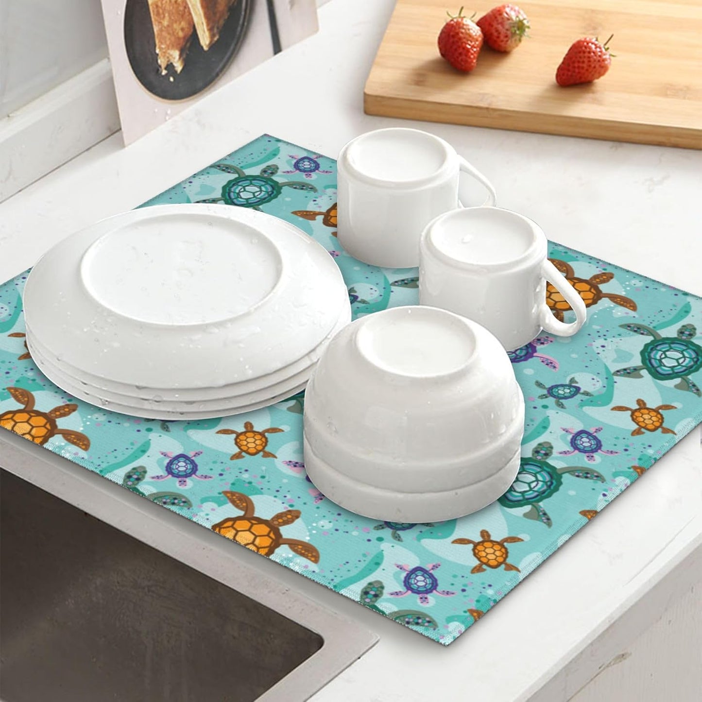 Cute Sea Turtle Beach Kitchen Drying Mat Ocean Themed Decorative Microfiber Dish Drainer Mat for Kitchen Counter Absorbent Reusable Washable 16x18 Inch