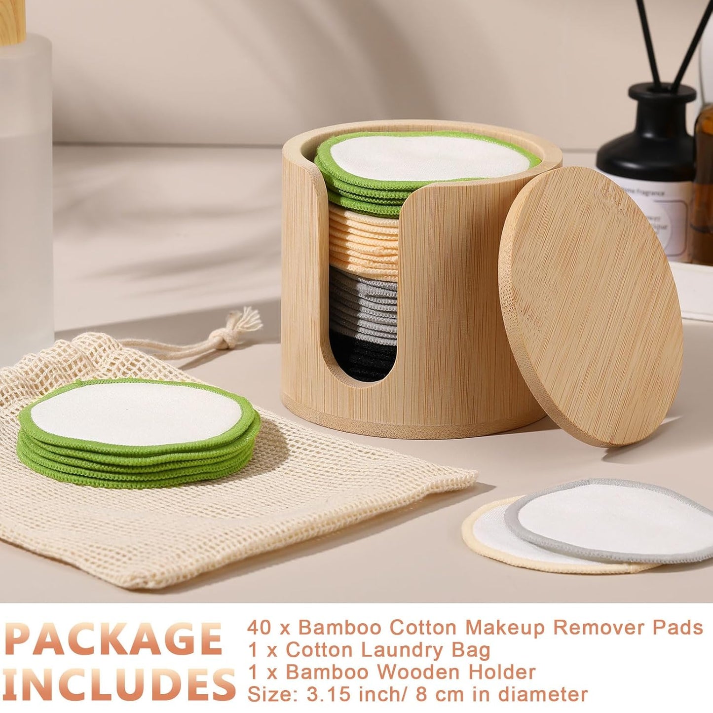 Foaincore 40 Pcs Reusable Makeup Remover Pads with Mesh Laundry Bag Washable Bamboo Cotton Rounds Soft Reusable Face Pad for Toner Skin Types with Bamboo Holder(Integrated Color)
