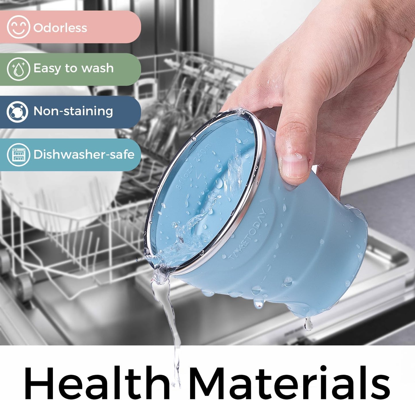 TakeToday Collapsible Travel Cup - Silicone Foldable Water Cup, BPA-Free with Lid & Waterproof Bag - Drinking Cup Set for Office, Camping & International Travel(8 Oz, Blue)