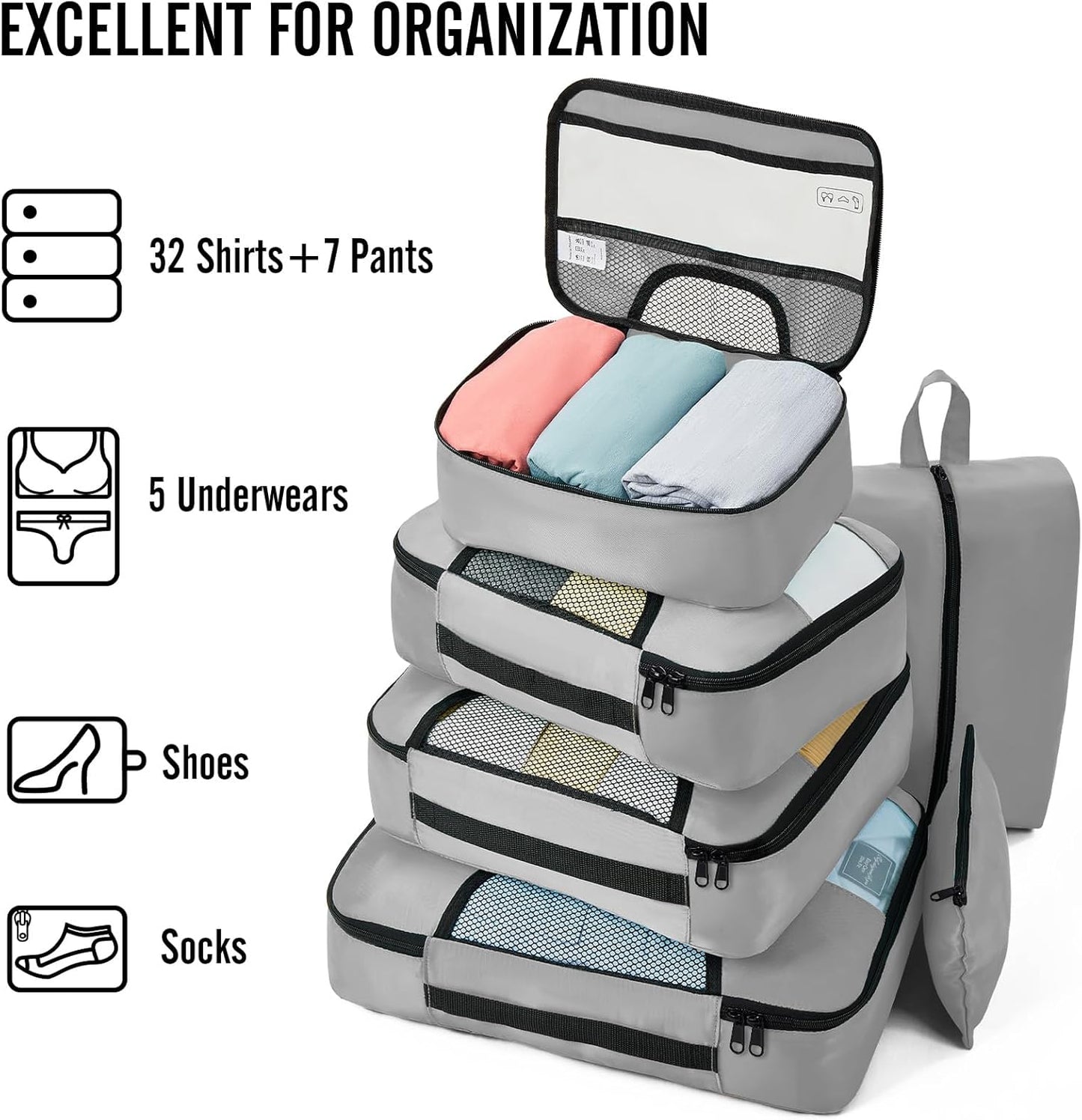 Veken 8 Set Packing Cubes for Travel Essentials, Suitcase Organizer Bags in 4 Sizes, Carry-On Luggage Accessories with Large Laundry & Hanging Toiletry Bag, Must-Have for Airplane, Road Trip & Camping