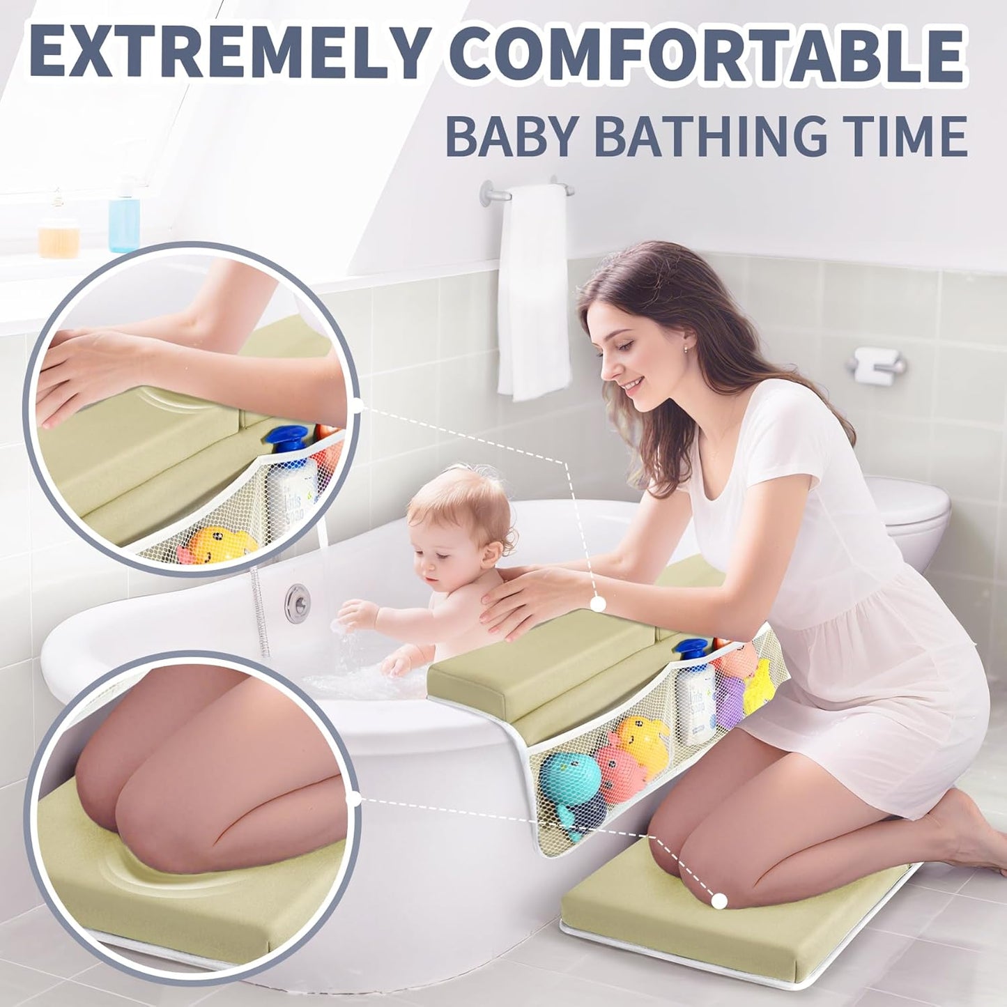 URMYWO Bath Kneeler and Elbow Rest Pad Set - 1.5" Thick Baby Bath Kneeler Pads with Toys Organizer, Anti-Slip Cozy Knee & Arm Support Bathtub Mat, Quick Dry Kneeling Pad for Baby Bath Time