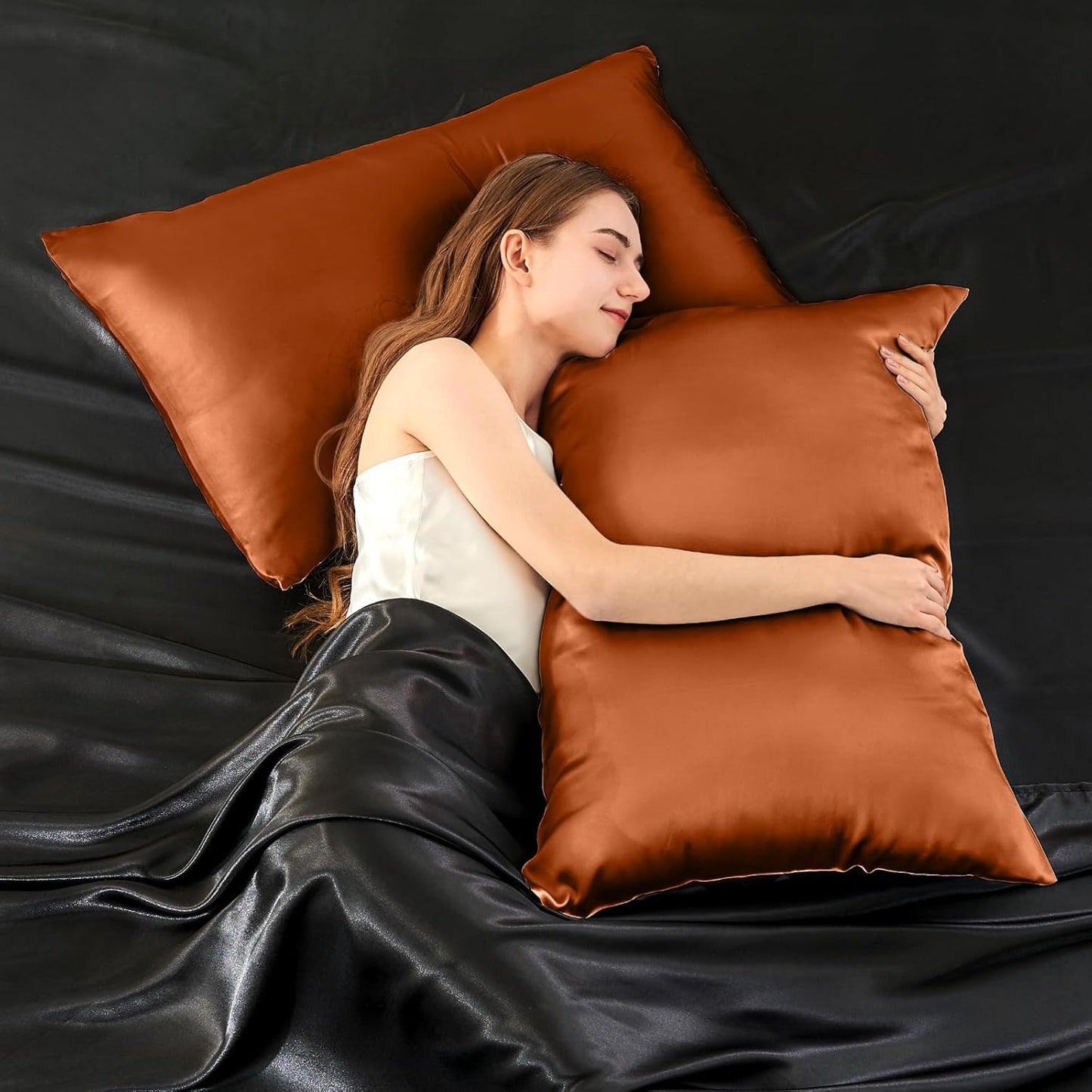 INFIIXSO Mulberry Silk Pillowcase for Hair and Skin, Silk Pillow Cases Queen Size Set of 2 with Hidden Zipper 20x30 Inches, Ultra Smooth and Soft Cooling Pillow Cases for Hot Sleepers(Orange, 2 Pack)