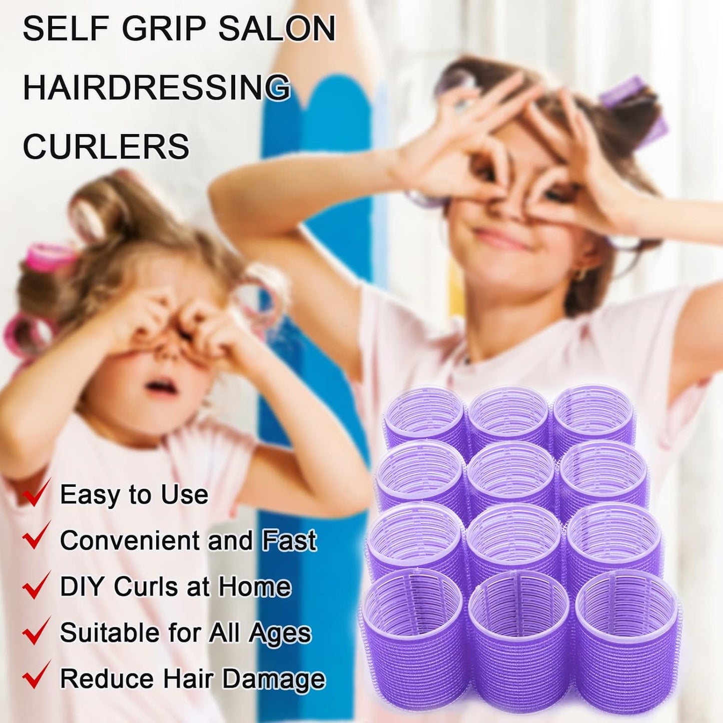 Hair Rollers, 12 Pack Self Grip Salon Hairdressing Curlers, Hair Roller Sets, Hair Curlers, DIY Curly Hairstyle, Colors May Vary, Super Jumbo