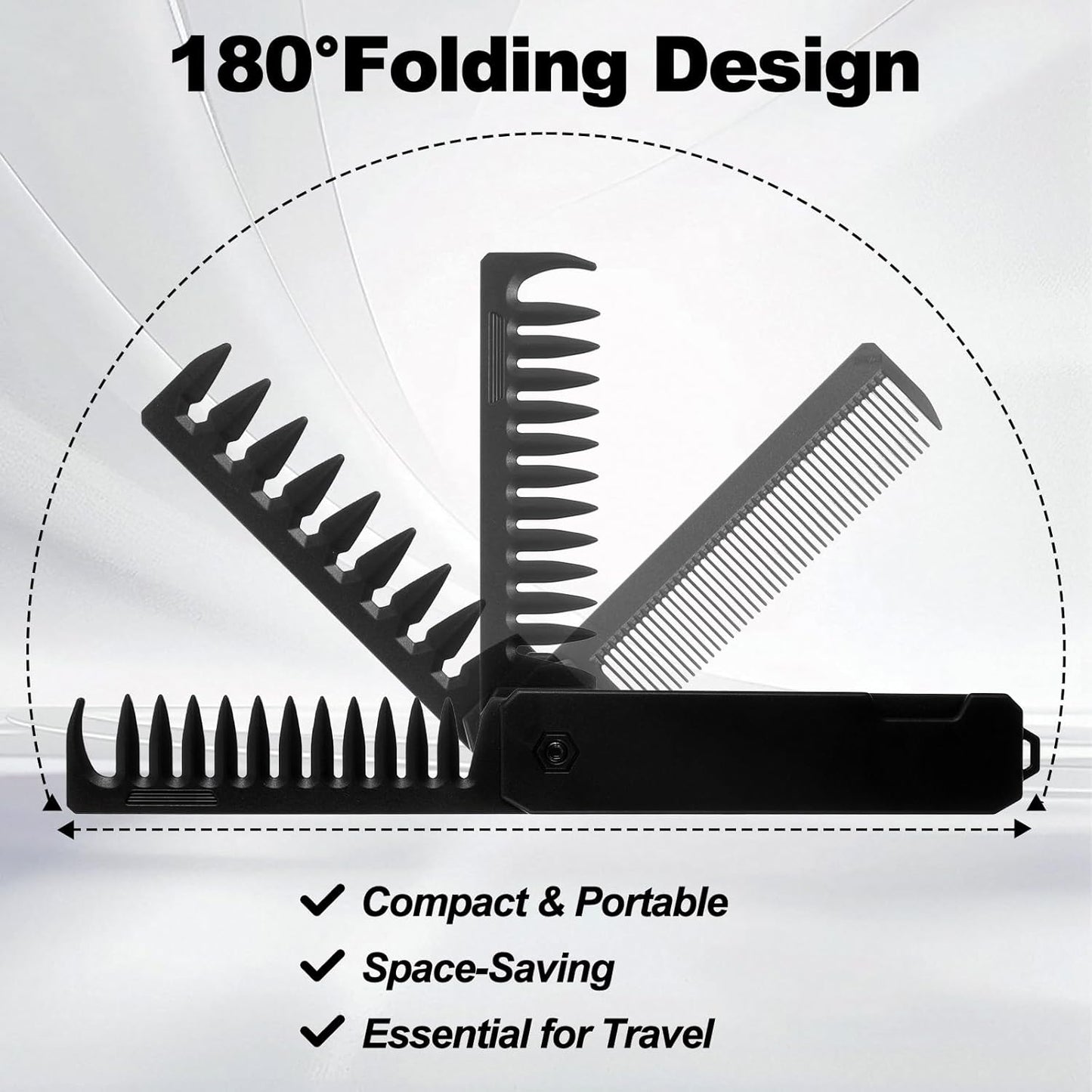 Protable Pocket Comb for Men, 3 In 1 Folding Comb, Fine Tooth and Wide Tooth Small Combs for Everyday Grooming, Combing Hair, Beards and Mustaches (Black, Plastic)