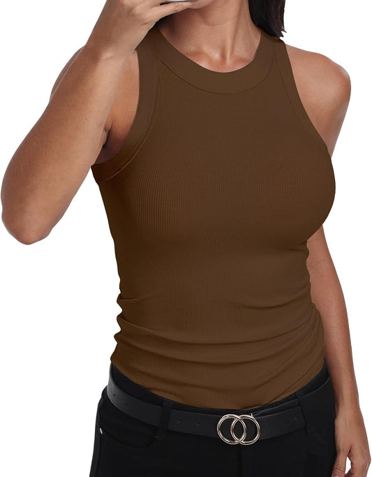 GEMBERA Womens Sleeveless Racerback High Neck Casual Basic Cotton Ribbed Fitted Tank Top
