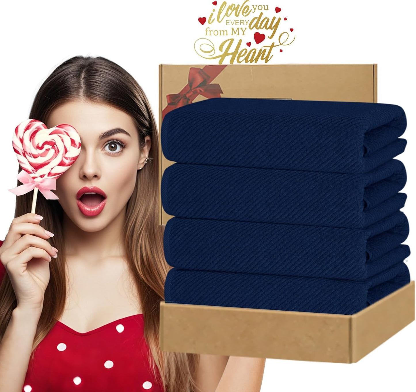 VOOVA & MOVAS Bath Towels, Large 30" x 56" - 100% Cotton | Quick Dry | Light Weight | Thick | Soft | Absorbent, 4PC Luxury Shower Towel Set for Bathroom, Towel Gift Set, Navy Blue