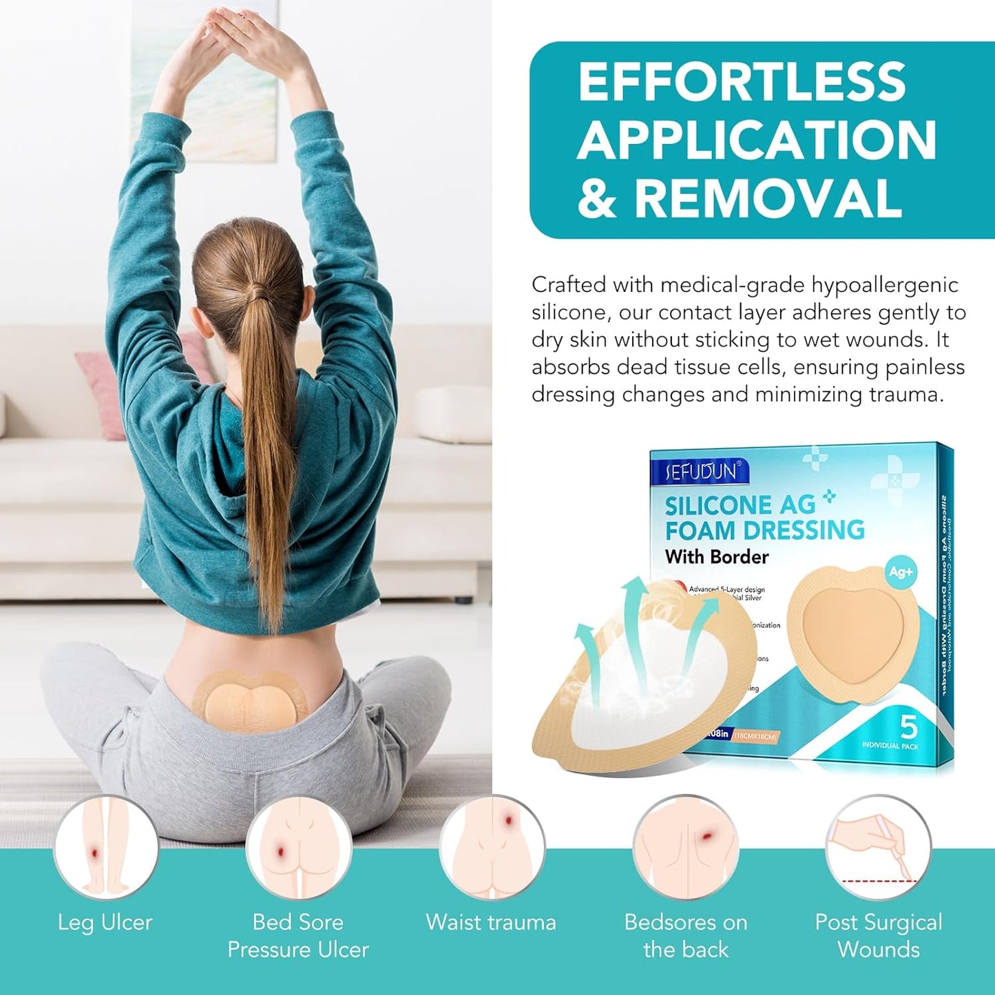 Silicone Foam Dressing Ag Sterile Wound Bandage with Waterproof Gentle Silicone Adhesive Border, 7"x7" Breathable Ultra Absorbent Pads (7.08x7.08 Inch (Pack of 10))