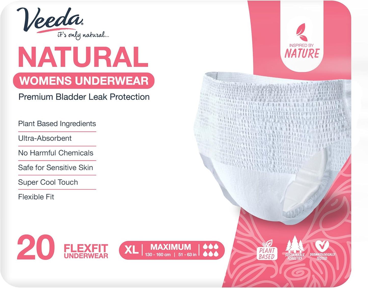 Veeda Natural Adult Incontinence Underwear for Women - Postpartum Underwear for Bladder Leakage Protection - Disposable Underwear with Maximum Absorbency - X-Large Size - 20 Count
