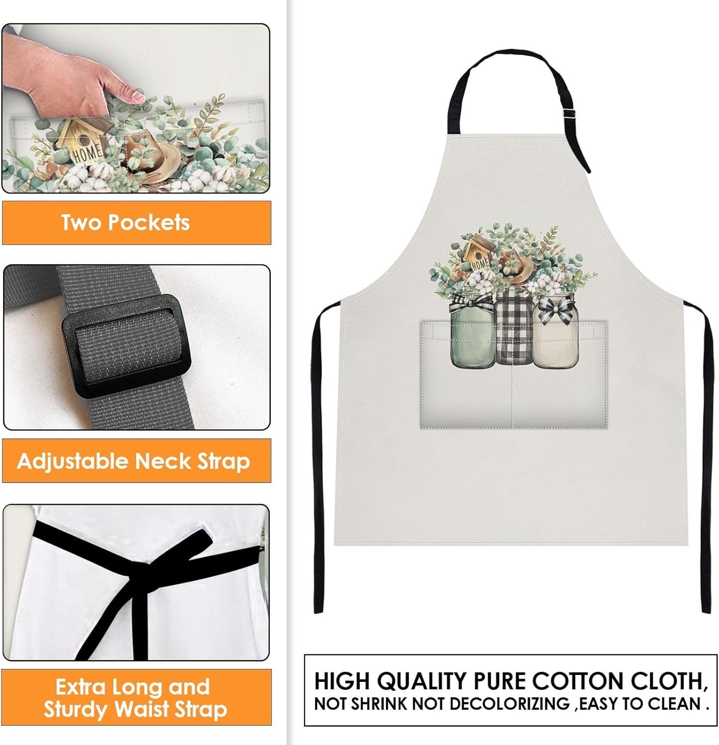 2 Pack Aprons, Eucalyptus Leaf Herbs Flowers Adjustable Bib Aprons with 2 Pockets for Women Men Couple Lovers Chef Home Kitchen Cooking Baking Gardening Cream Sage Green Stripe Apron 32x28 Inches