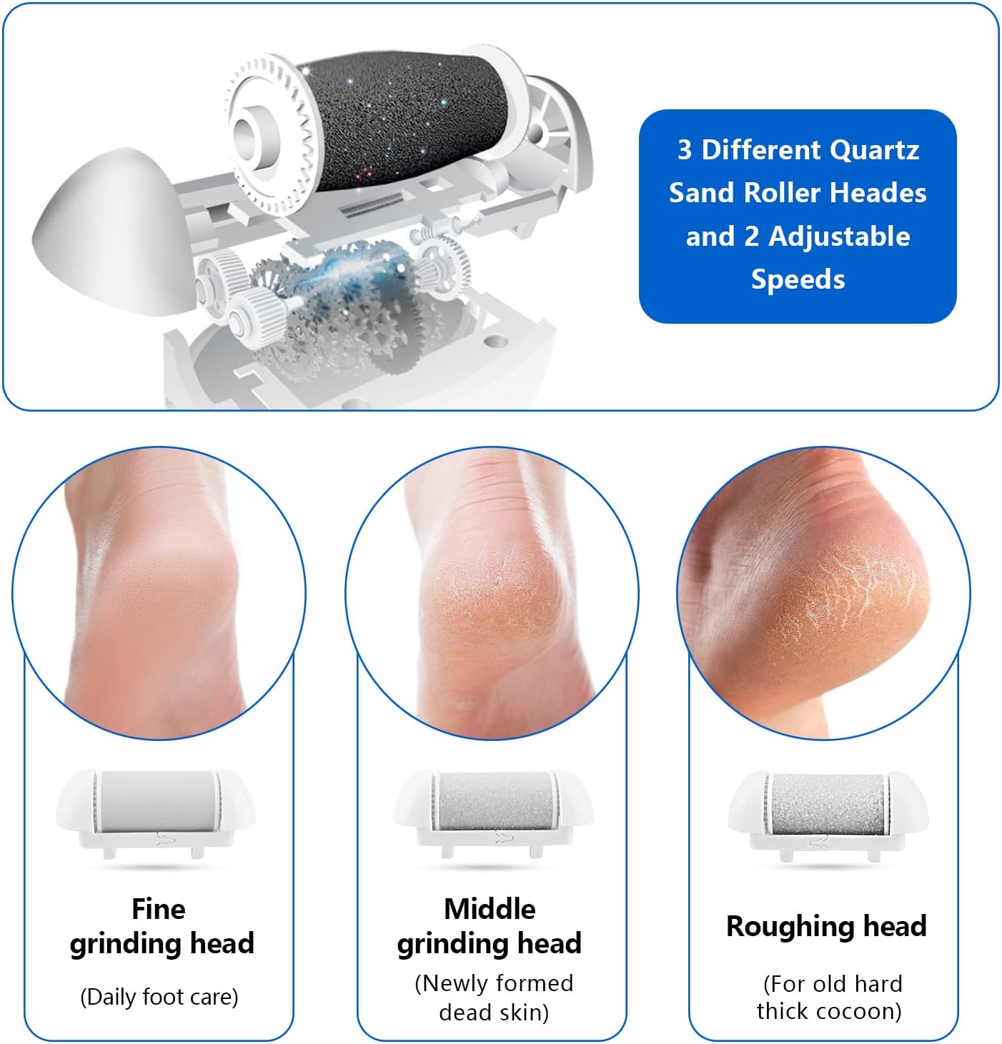 Electric Foot Callus Remover Kit, Elmchee Rechargeable Callous removers 3 Grinding Heads Waterproof Foot Scrubber File, Professional Pedicure Tools kit Feet Care for Dead, Cracked Dry Skin