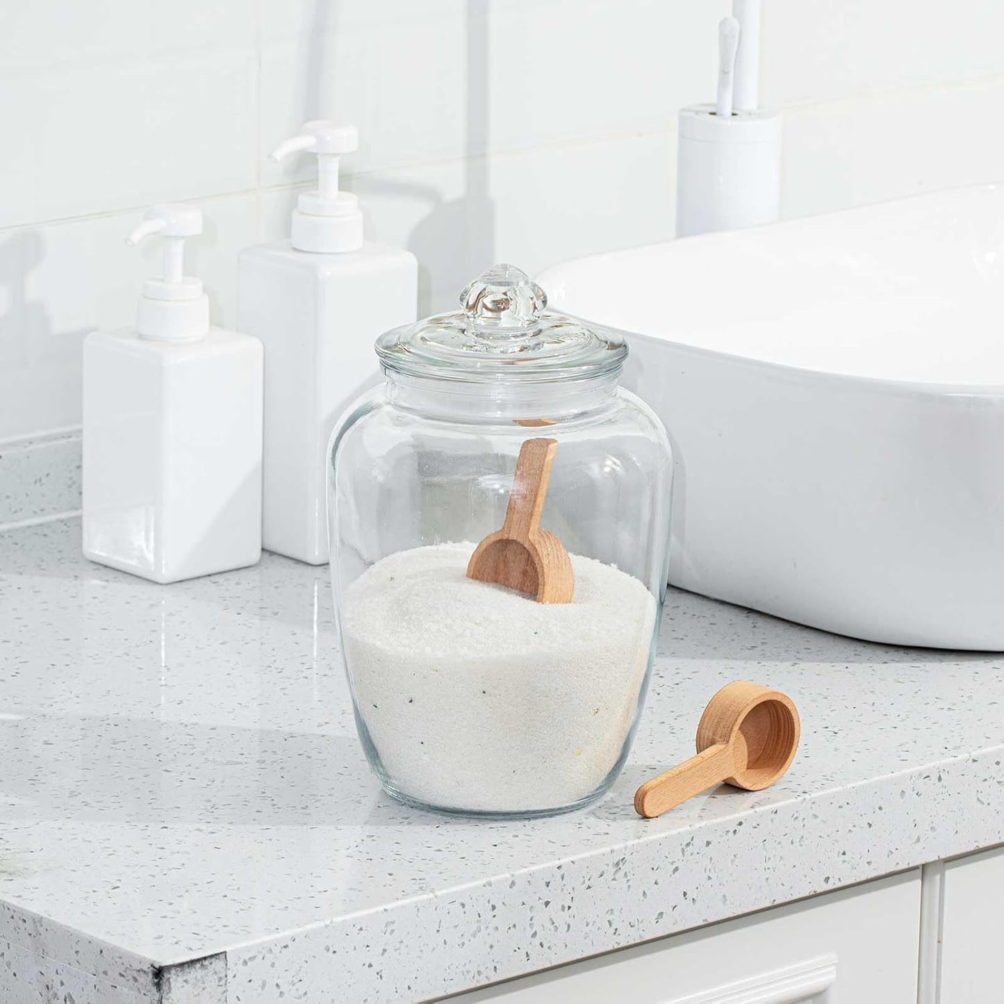 2 Sets 74 oz Bath Salt Container with Airtight Lid and Scoop Big Glass Jar with Wooden Scoop for Bath Flour Salt Candy Tea(Clear)