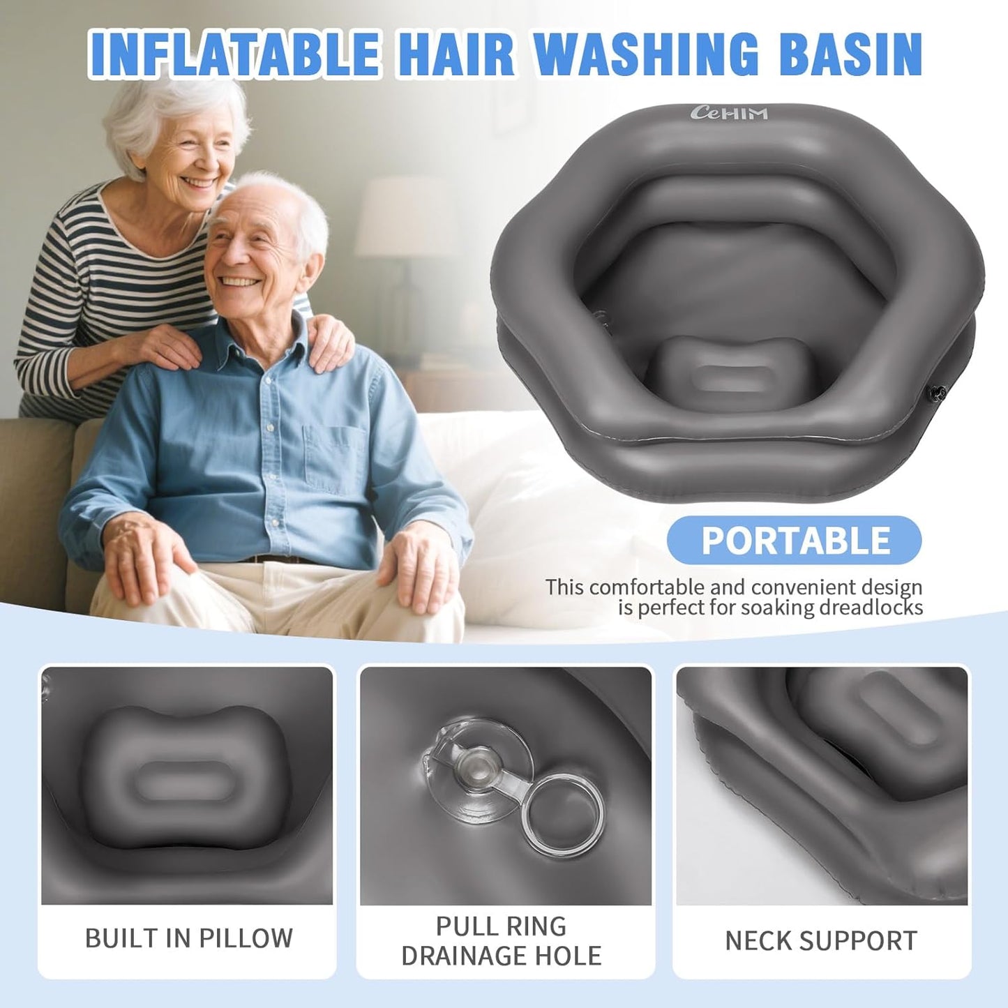 Inflatable Shampoo Basin for Bedridden, Elderly & Disabled - Petal-Shape Large Size, 360° Neck Support, Central Drain Hole with Pull Ring | Leak-Proof PVC Portable Hair Washing Bowl (Grey)