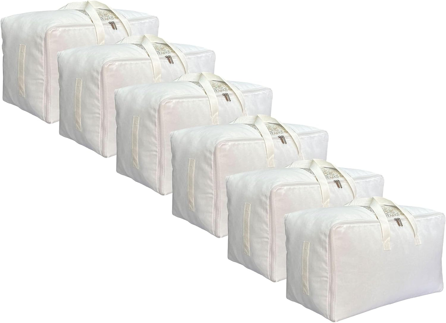 Soft Large Canvas Comforter Storage Bags with Four Carrying Handles and Clear Window, Closet Organizer for Clothing, Blankets Sheets Pillows and Bedding, 80L, 6 Pack, White