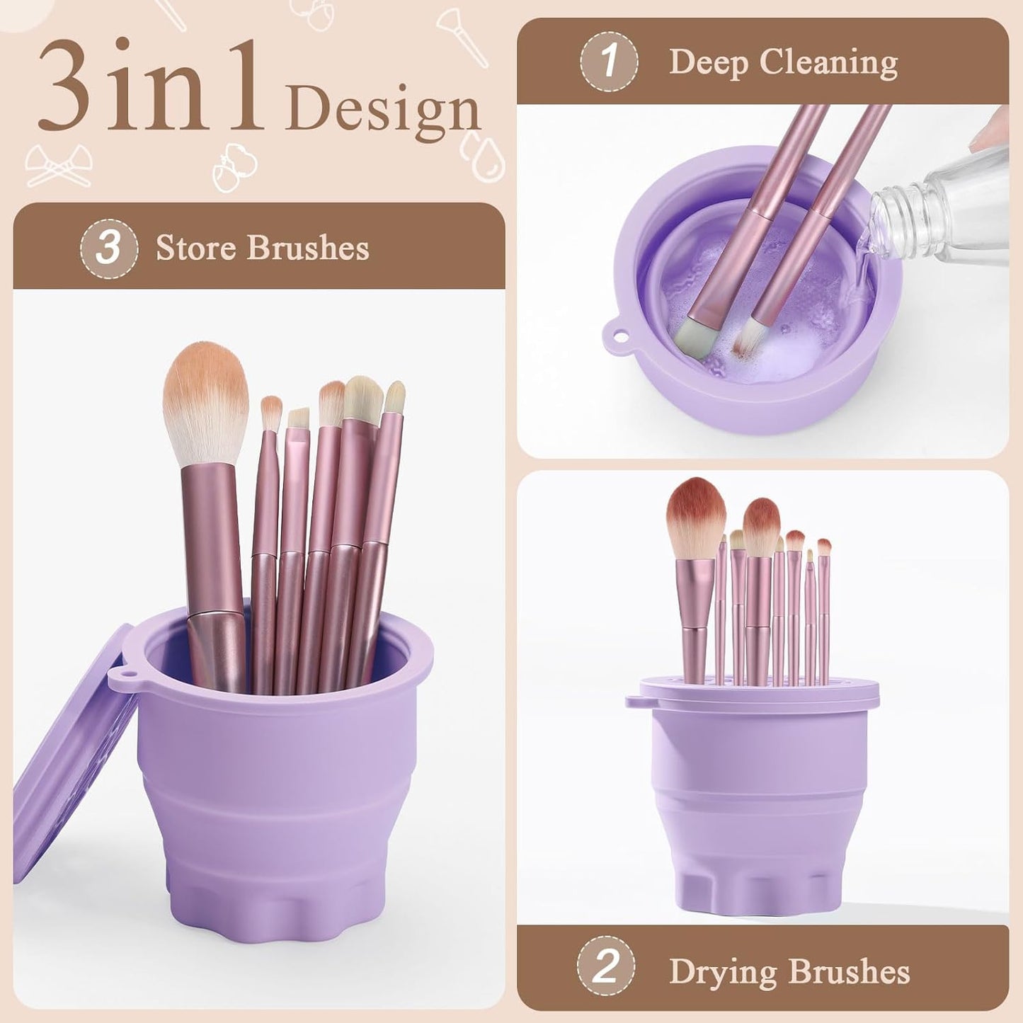 WantGor Makeup Brush Cleaner Mat with Brush Storage Holder, 3 in 1 Foldable Silicone Bowl Cosmetic Brushes Cleaning Pads Tool for Makeup Brush, Makeup Sponge, Powder Puff (Purple)