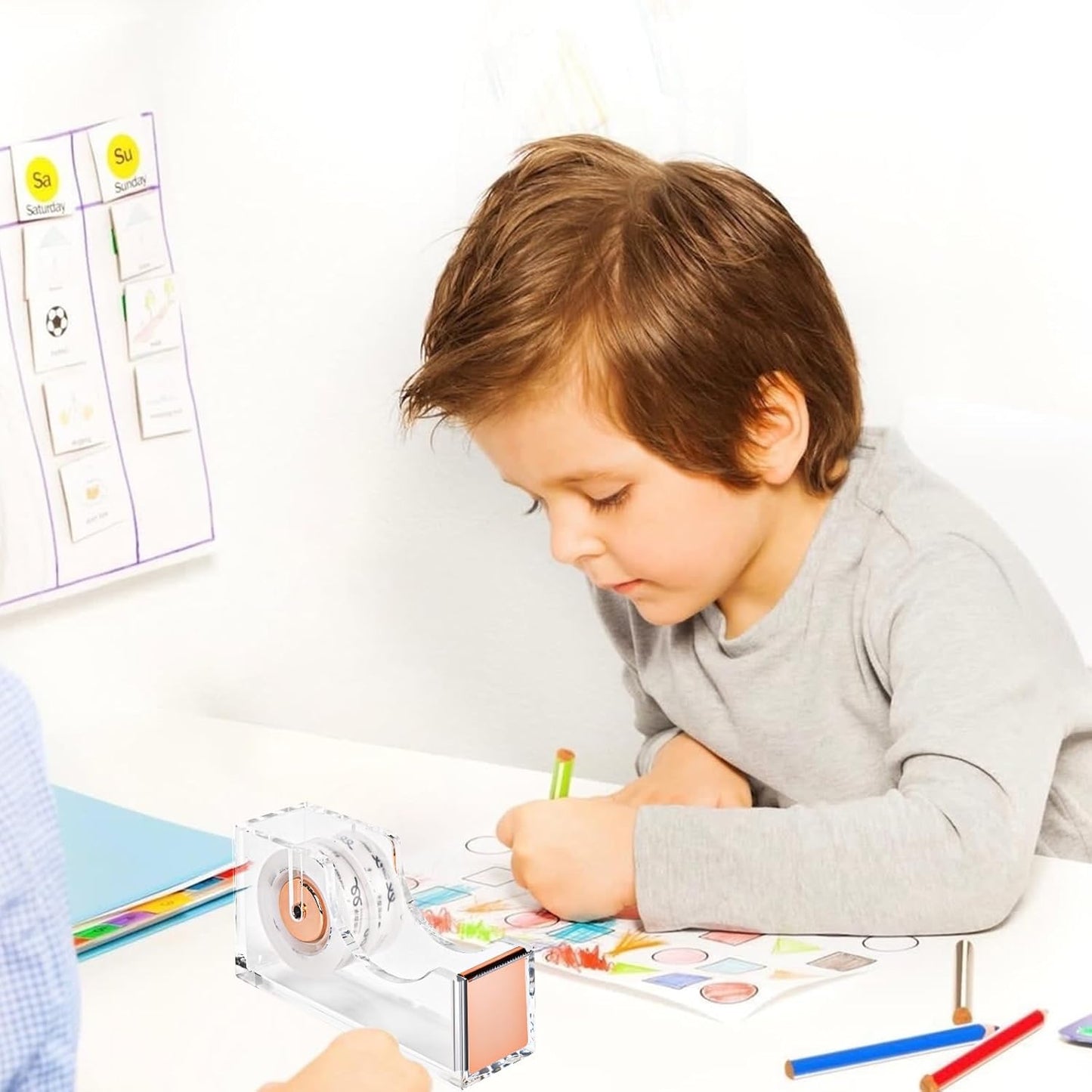 Modern Acrylic Tape Dispenser, Heavy Duty Tape Dispenser with Non-Slip Bace, Single Hand Dispensing Clear Sticker Organizer Perfect for Office, Home, School-Rose Gold