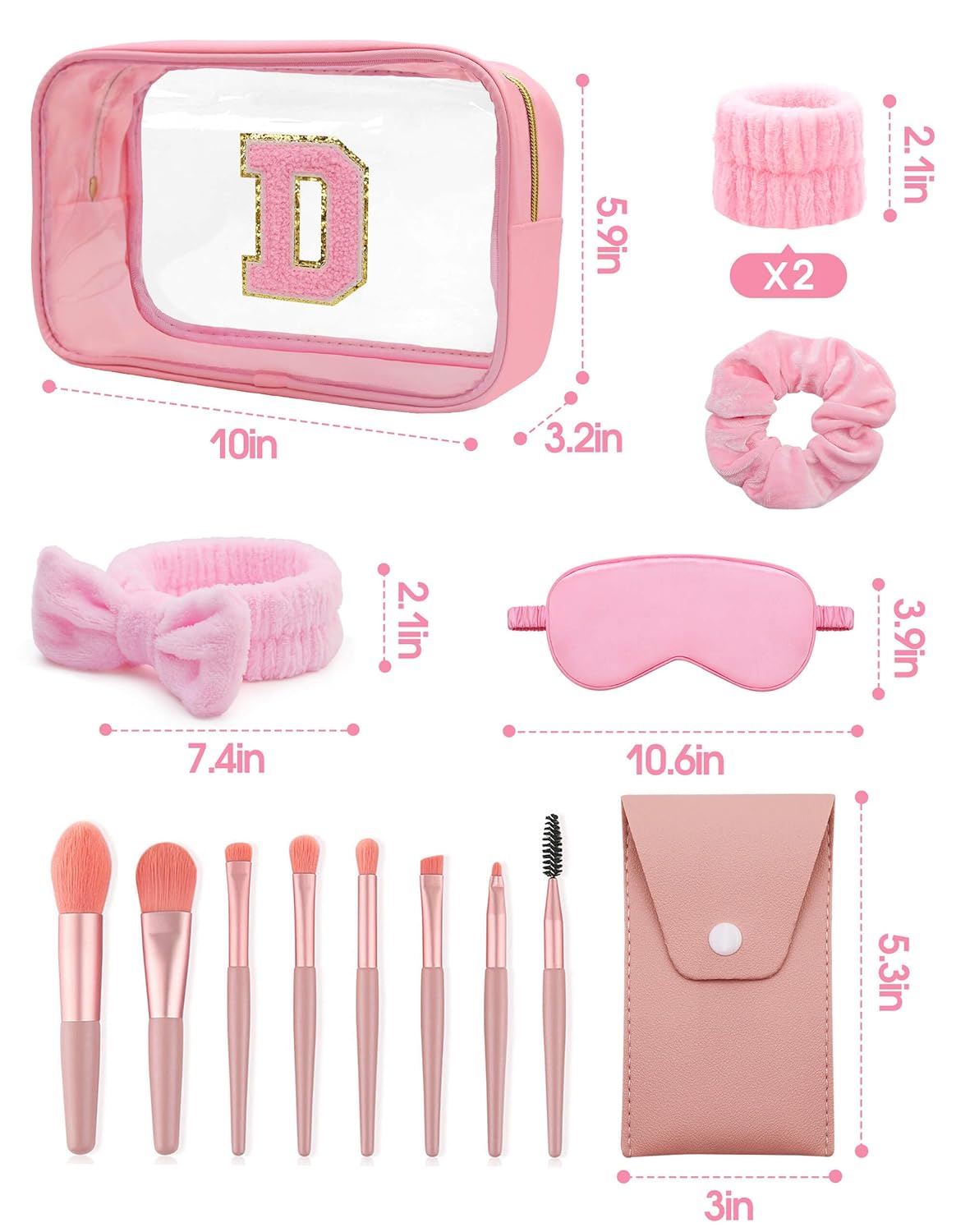 Gift Sets for Women, Initial Makeup Bag with Makeup Brush Set Bachelorette Party Favors, Pink Spa Kit with Skincare Headbands Wrist Bands Sleepover Party Supplies Gifts for Teen Girls Bridesmaid D