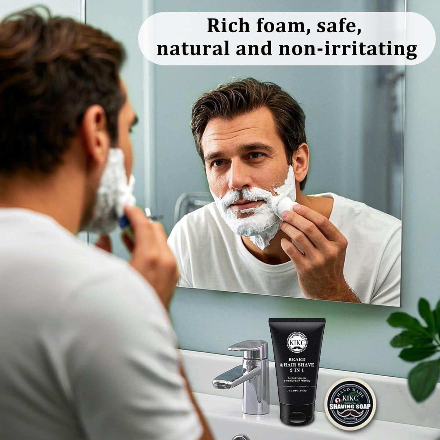 Shaving Soap and Shaving Cream Kit,Sandalwood Scent Shave Soap for Men,Shave Cream with Ocean Fragrance, a 3.5oz Soap, a 2 in 1 Shave Cream 150ml for Wet Shaving