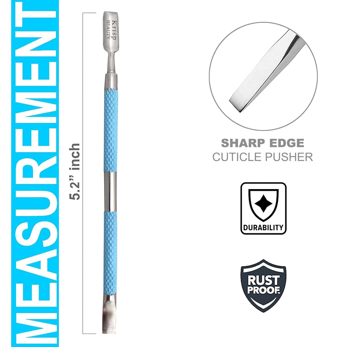 Cuticle Pusher Tool - Dual Sided Sharp Edge Spoon Shaped Double Ended Cuticle Pusher Remover Cuticle Cleaner Stainless Steel Manicure Pedicure Nail Art Care Tools Set 1 Pc By Krisp Beauty (Blue)