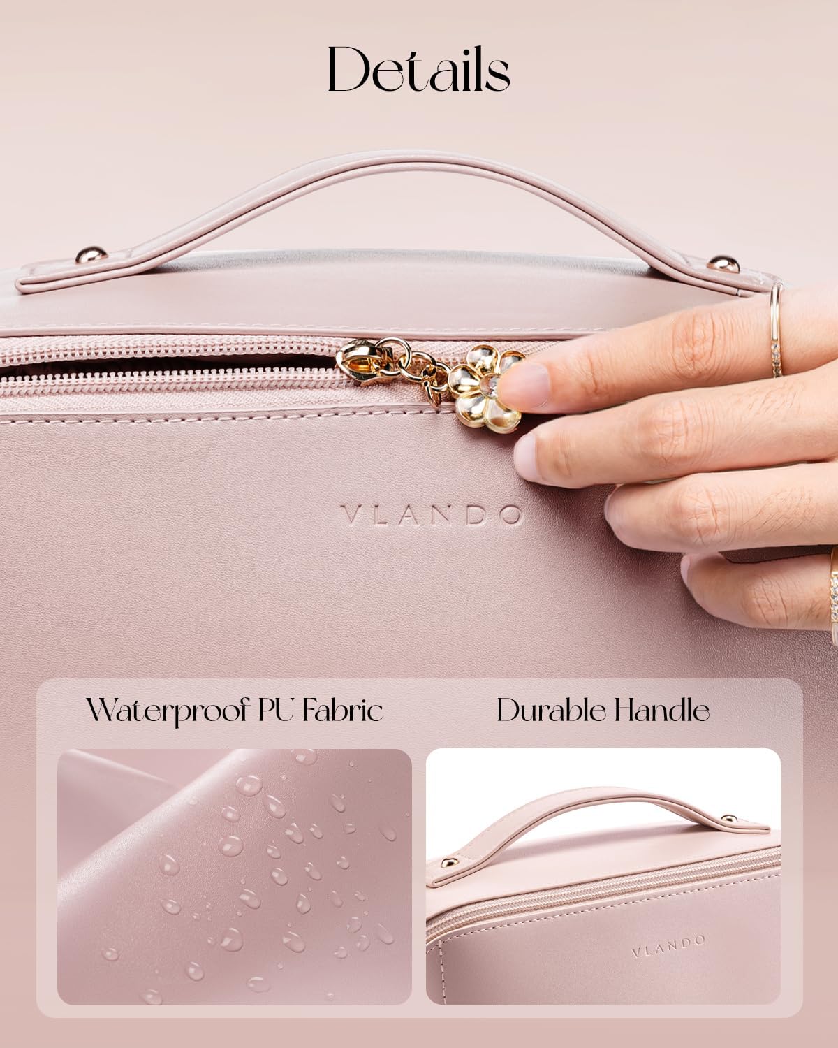Vlando Makeup Bag,Large Capacity Travel Toiletry Bag,Cosmetic Bags for Women PU Leather Waterproof Portable Pouch with Divider & Handle-Pink