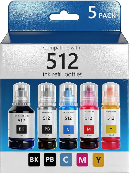 Remanufactured T512 Ink Refill Bottles Compatible with EPSON 512 Refill Ink Bottles for ET-7700 ET-7750 ET 7700 ET 7750 ET7700 ET7750 Printer (Black,Photo Black,Blue,Magenta,Yellow 5 Packs)