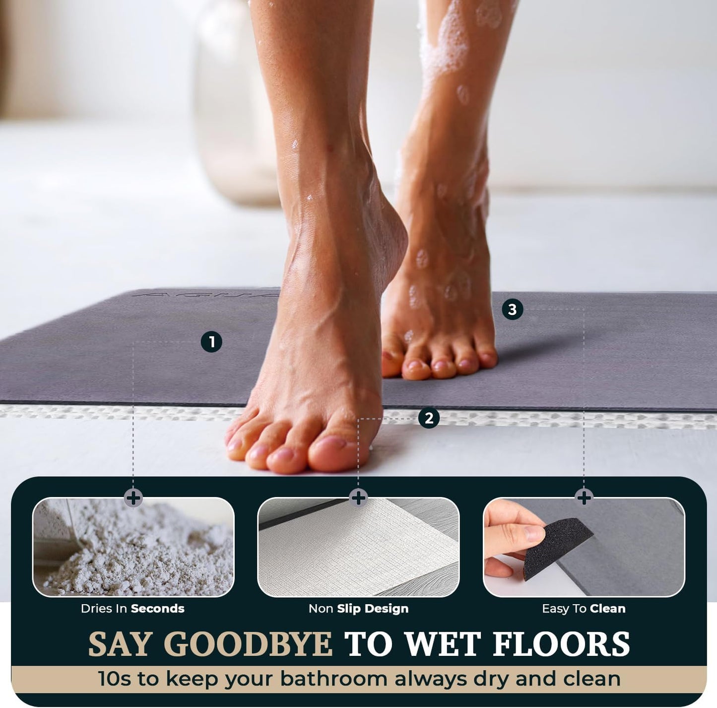 23" x 15" Diatomaceous Earth Shower Non Slip Stone Bath Mat | Quick Dry Super Absorbent Large Mats for Kitchen | Anti-Slip Fast Drying Water Absorbing Stone Bath Mats for Bathroom | Solid Gray