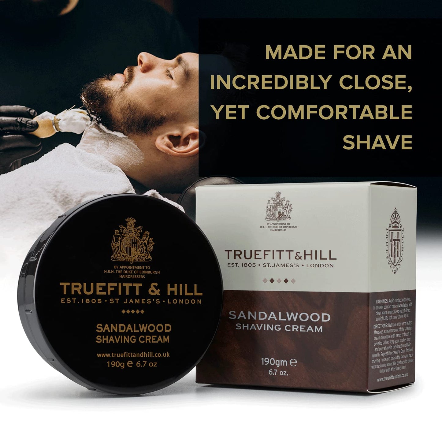Truefitt & Hill Shaving Cream Bowl - Sandalwood - Premium Glycerin-Based Lather, Smooth Glide, and Hydration for a Luxurious Shave - 6.7 oz.