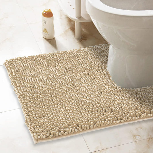 ITSOFT Non-Slip Shaggy Chenille Toilet Contour Bathroom Rug with Water Absorbent, 24 x 21 Inches U-Shaped Beige