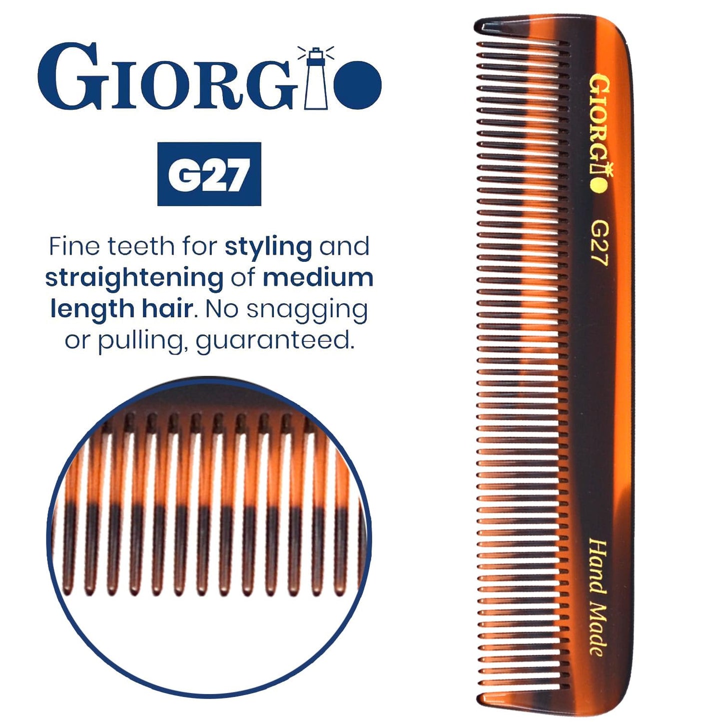 Giorgio G27 Handmade All Fine Tooth Pocket Comb, Hair Comb Straightener for Everyday Grooming Styling Hair, Mustache and Beard for Men Women and Kids, Saw Cut and Polished (Tortoiseshell)