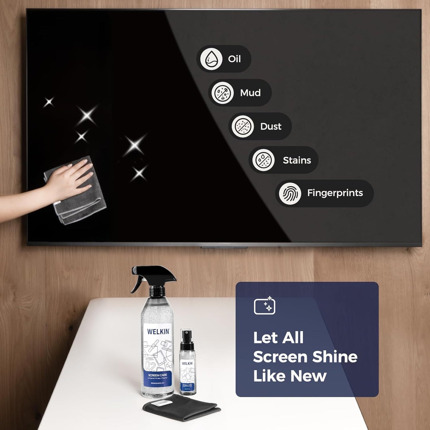 WELKIN Screen Cleaner Spray Kit (550ml + 60ml) - Cleaning Gel for TV, Laptop, Computer, Phone Touchscreen -2 Sprayers,1 Microfiber Cloth & 1 Glass Wipe