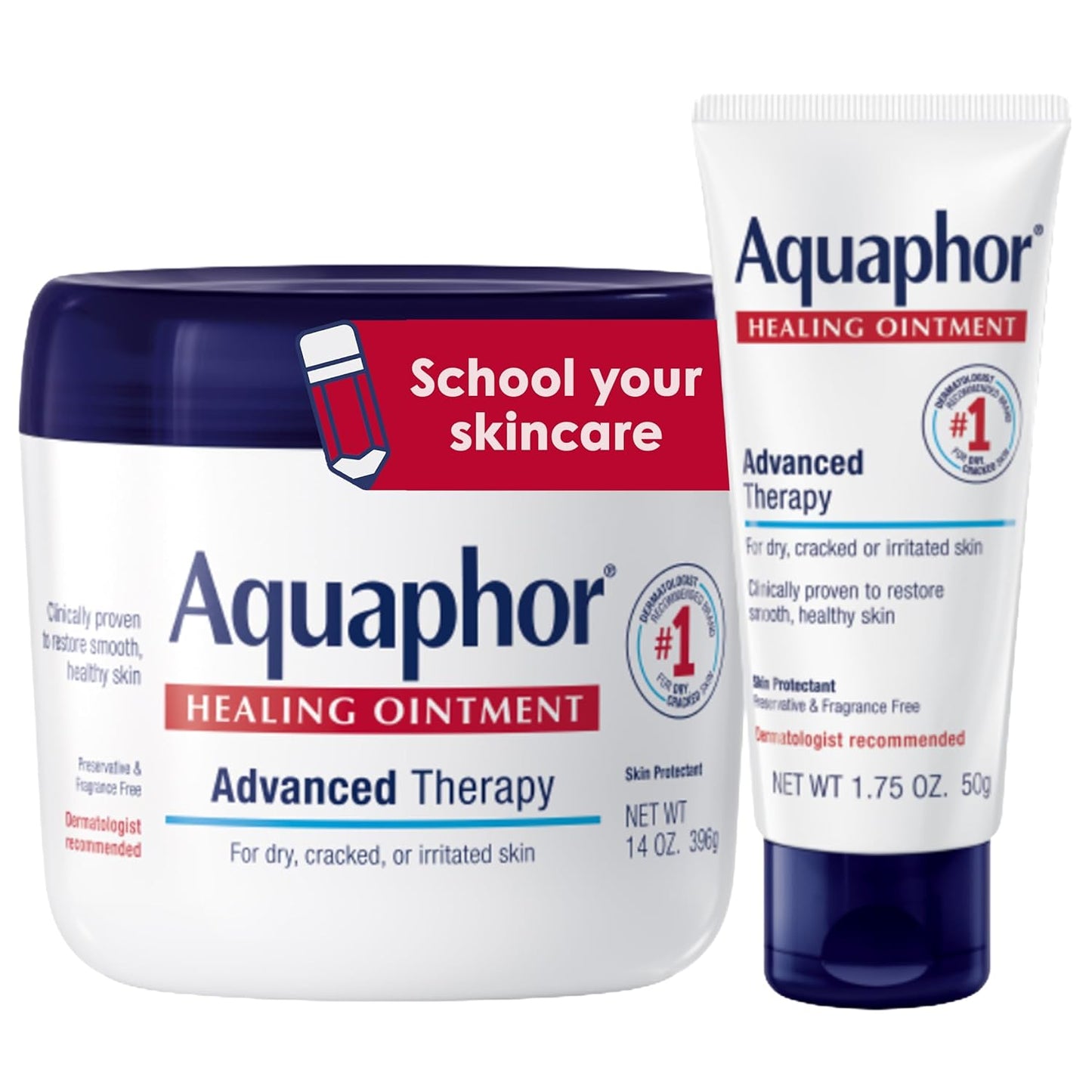 Aquaphor Healing Ointment Advanced Therapy Skin Protectant Skin Care Set, Body Moisturizer for Dry Skin, Minor Cuts and Burns, Dry Cuticles, Cracked Heels, Hands and Lips, 14 Oz Jar + 1.75 Oz Tube