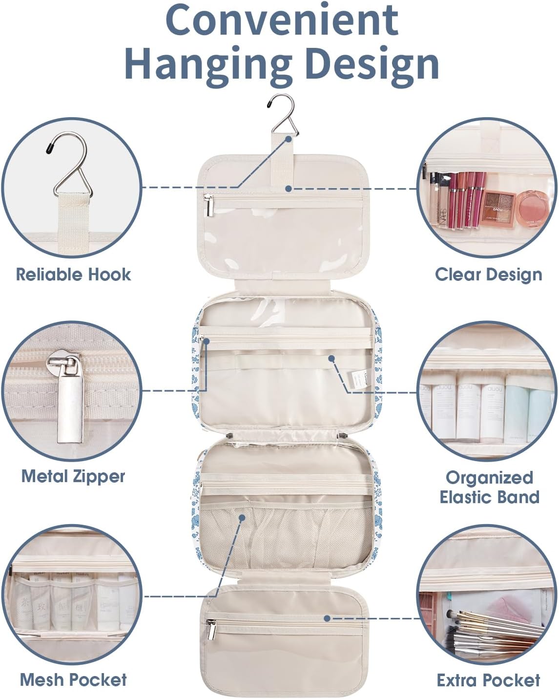 Narwey Travel Toiletry Bag for Women Large Hanging Makeup Bag Organizer Toiletries Bag for Full Size Essentials Accessories Cosmetics (Little Blue Flower (Large))