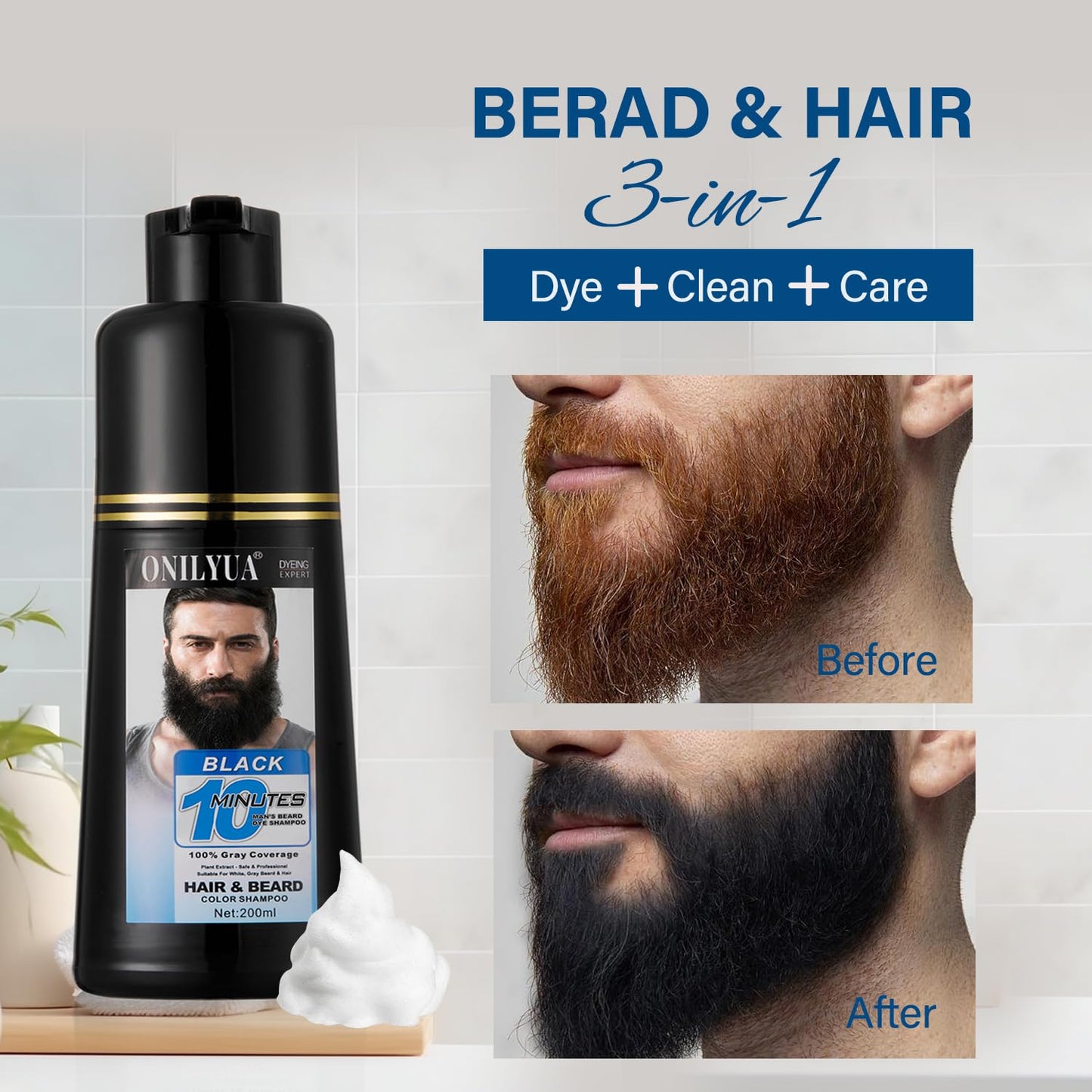 Beard Dye for Men, Beard Color & Hair Dye Shampoo 3-in-1, Beard Dye Black for Gray Coverage, Mens Beard Dye, Mens Hair Color Works in 10 Minutes, Simpler Hair Color for Men, Gentle on Facial Skin