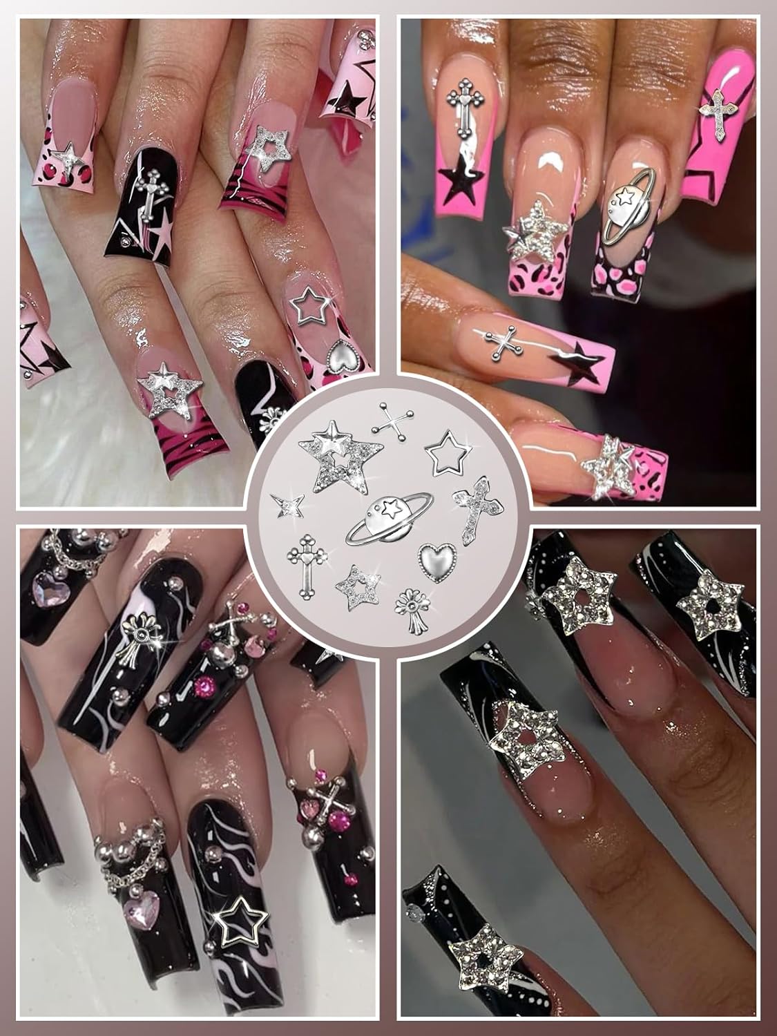 EBANKU Nail Charms for Nails, 100 PCS Nail Charms Y2K Bulk Set with 15g Nail Rhinestones Glue, Star Heart Planet Cross Alloy Nail Gems 3D Silver Stars Nail Jewels Accessories for Acrylic Nails