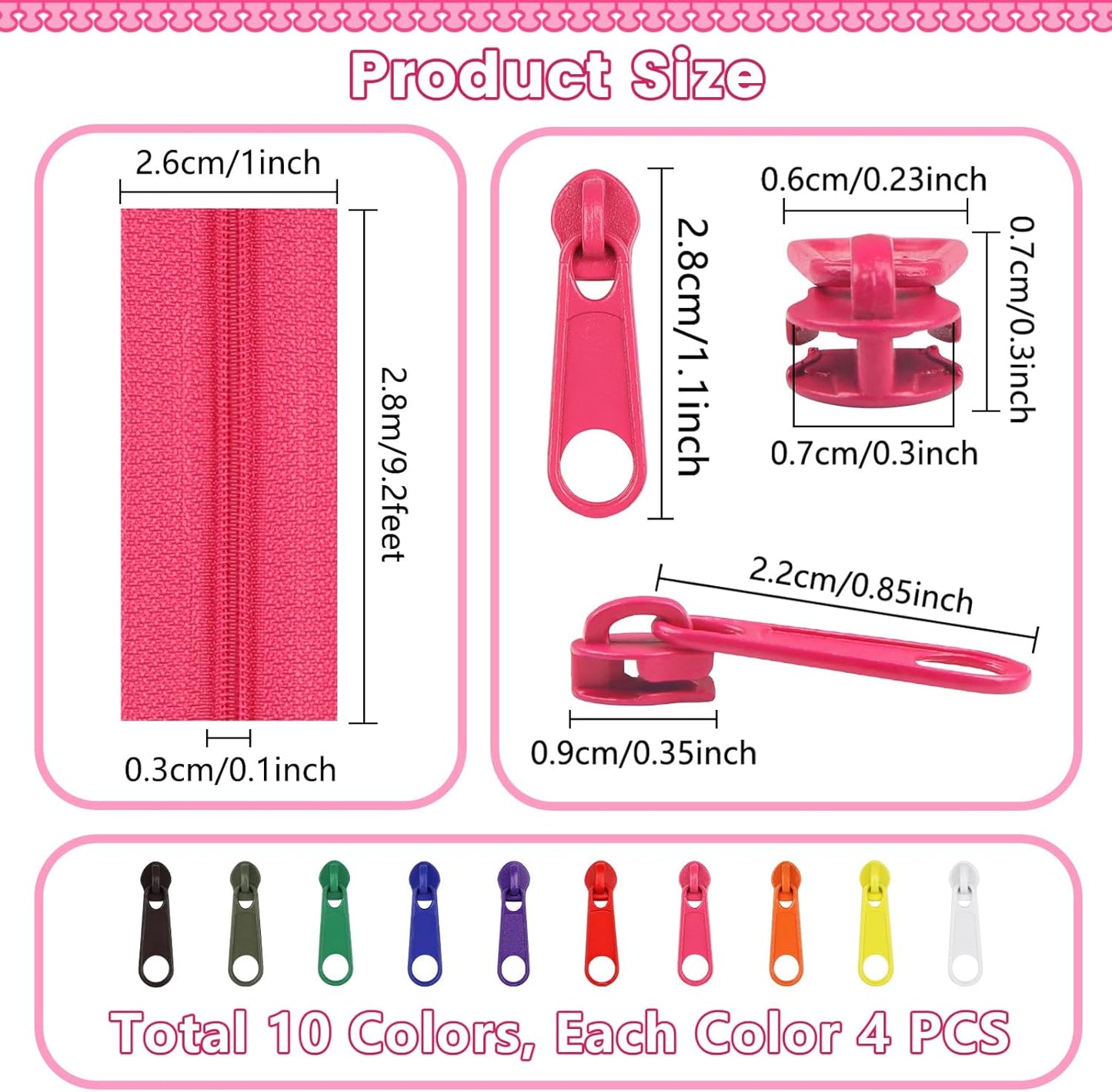 DOITEM 31 Yards 10 Pieces Sewing Zippers #3 Nylon Coil Zippers Assorted Zipper for Sewing with 40 Zipper Sliders for DIY Tailor Sewing Crafts Supplies, 10 Colors