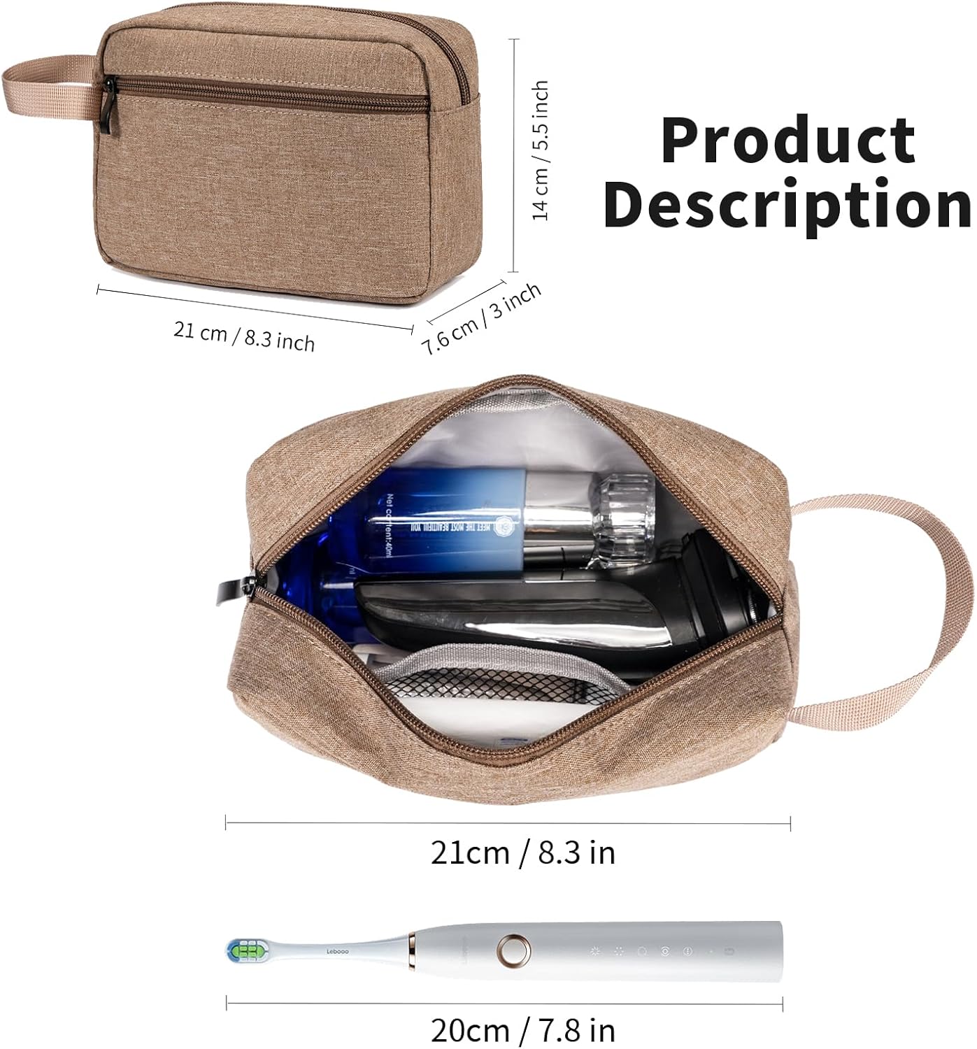 Travel Toiletry Bag, Hanging Water-Resistant Organizer for Men & Women, Ideal for Makeup, Shaving Kit, Gym Essentials & Travel Accessories (Camel)