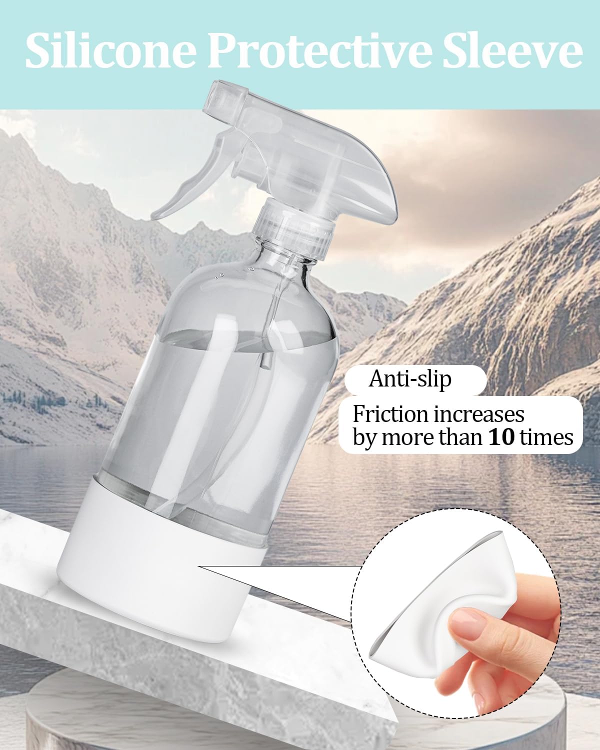 2 Pack 360° Glass Spray Bottles with Silicone Sleeve, 16 oz Empty Refillable Containers with Adjustable Spray Nozzles, Spray Bottles for Hair, Cleaning Solutions and Plants Black&White