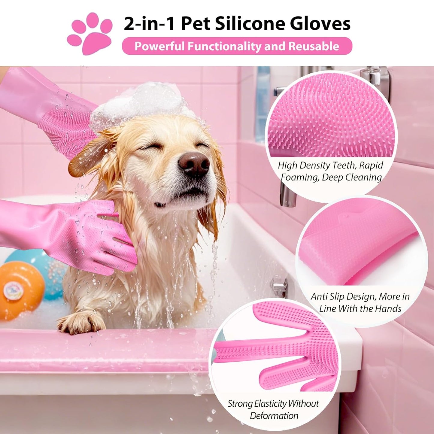 Dog Washing Gloves -Dog Bath Brush - Dog Bath Gloves - Dog Shampoo Brush - Pet Grooming Gloves -Cat Grooming Supplies_ Dog Bath Supplies(1 Pair Pink