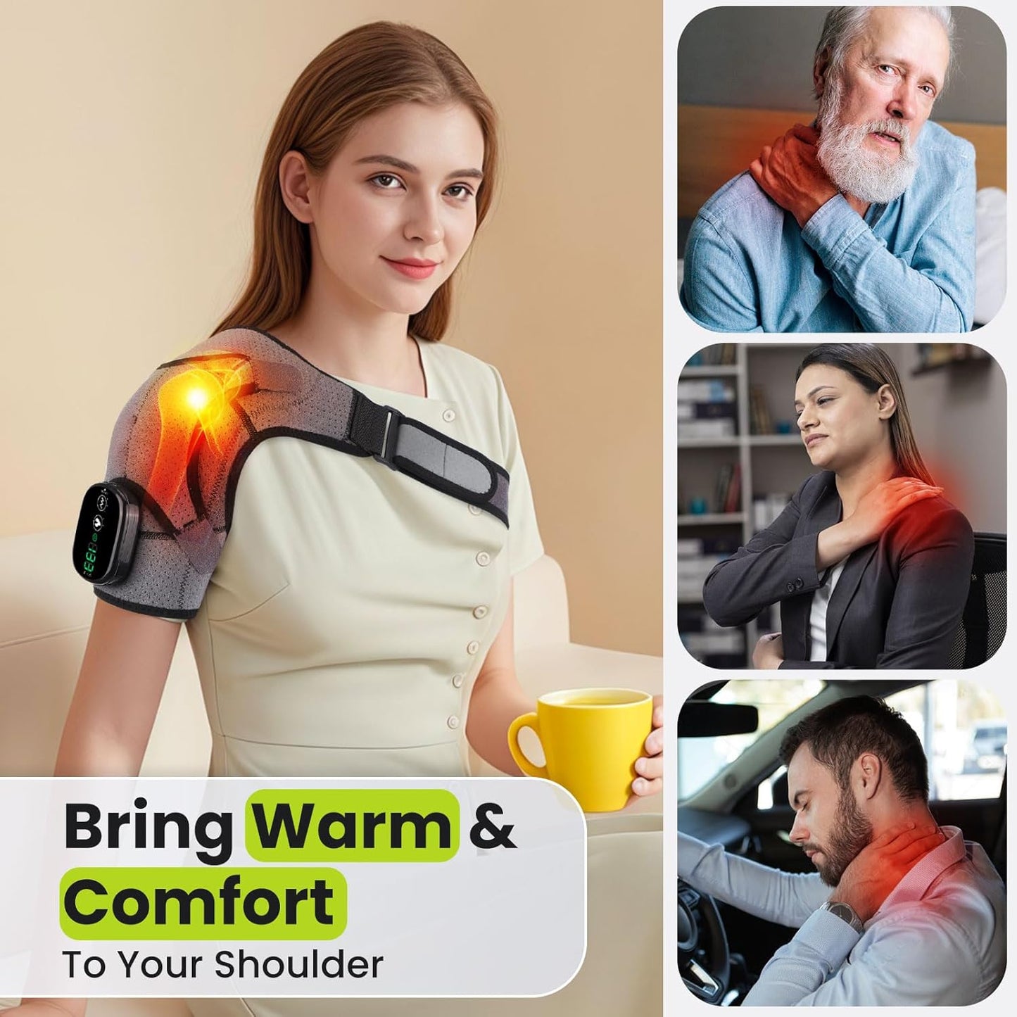 Cordless Shoulder Heating Pad with Vibration for Rotator Cuff Pain Relief, Arm Heated Massage Pad, Shoulder Support Brace with 3 Heating Levels & Vibration, Left or Right (Grey)