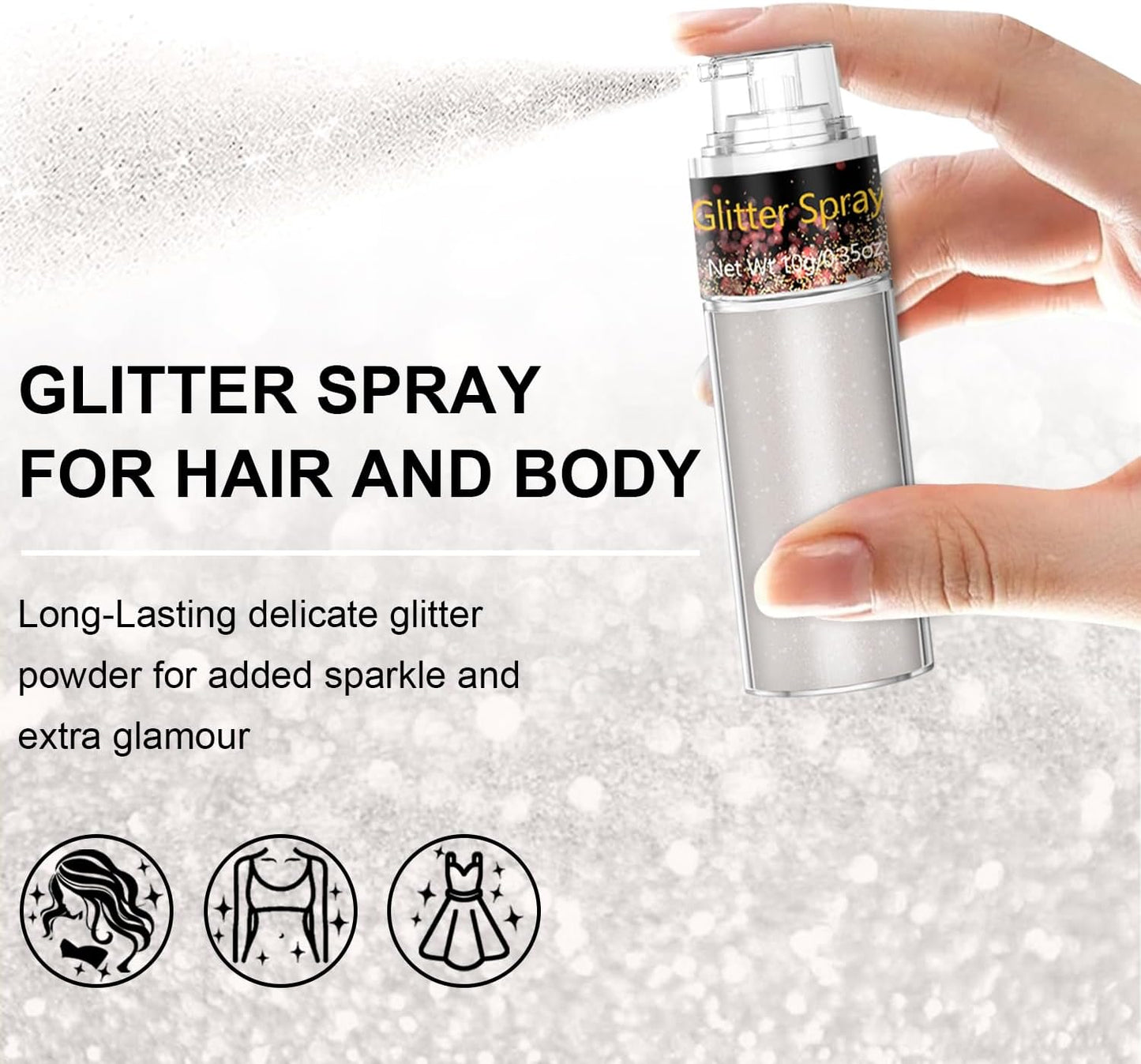 Hair and Body Glitter Spray, 1PC Glitter Hairspray Dry Powder Makeup for Clothes, Festival Rave Prom Loose Sparkle Powder,Holographic Ultra Fine Resin Glitters for Crafts (Peal White)