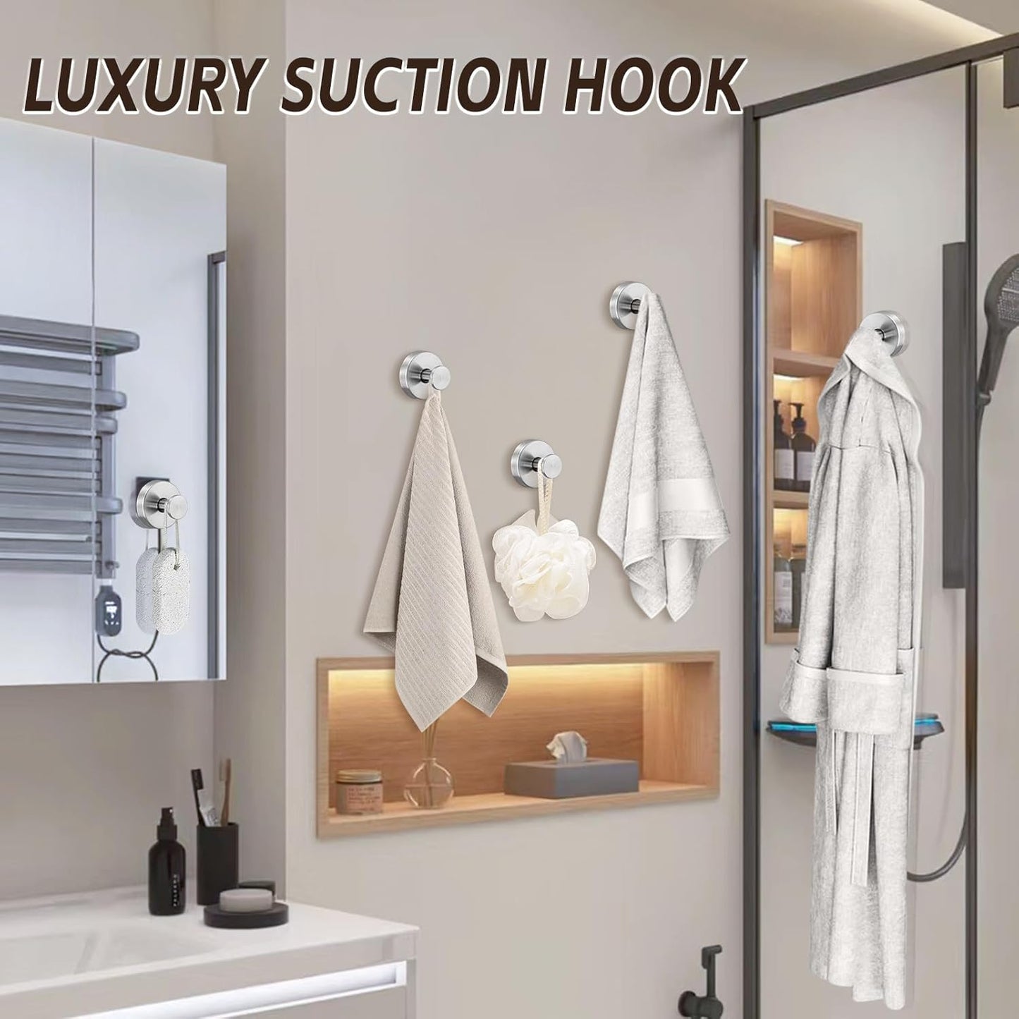Reusable Heavy Duty Suction Cup Hooks for Kitchen/Bathroom/Shower - Wet-Proof Hooks for Towels, Robes, Loofah&Wreaths/No Drill Mounting on Glass, Tile, Metal (2, Brushed Nickel)