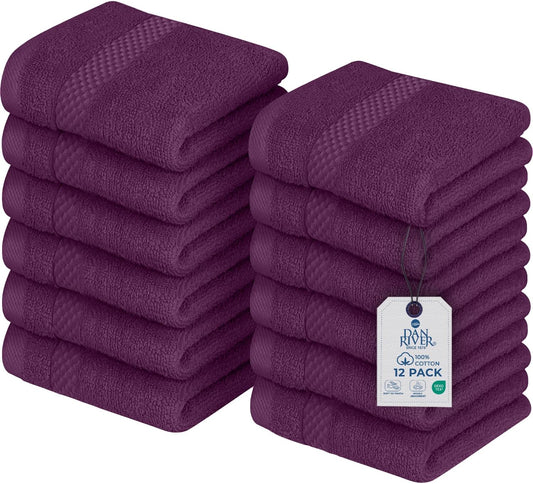 DAN RIVER 12-Pack Premium 100% Cotton Purple Passion Face Towels – Reusable Face Towel Set, Soft & Absorbent Rags for Bathroom & Body – Hand and Face Towels, 550 GSM (12x12 in)