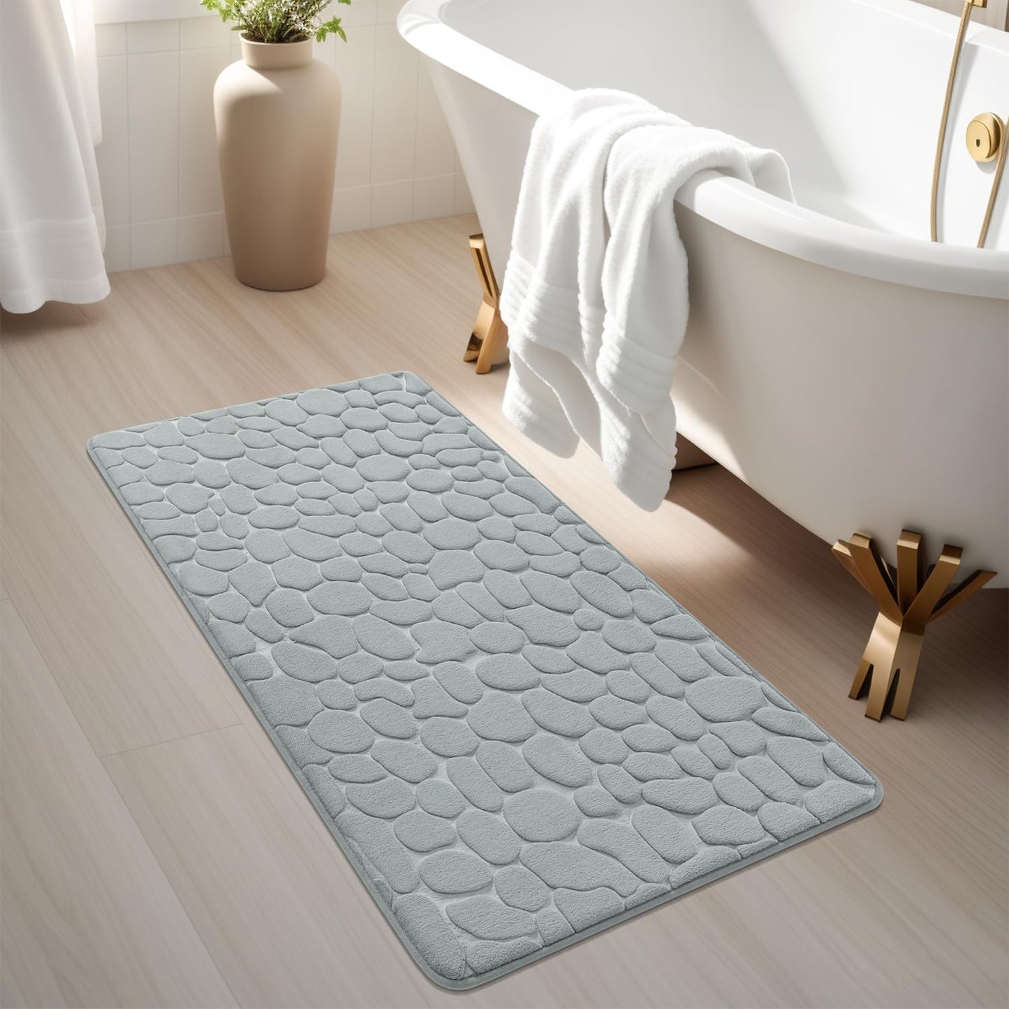 YIHOUSE Memory Foam Runner Rug, Cobblestone Bathroom Runner Rugs Super Water Absorbent Bath Mats for Bathroom Machine Washable Bath Rugs Runner for Hallway Bedroom Laundry Room(24 x 47,Light Gray)