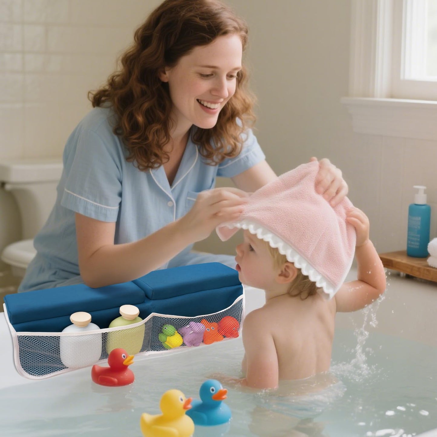 Roslim Bath Kneeler and Elbow Rest Pad Set - Non-Slip Knee& Arm Support Bathtub Mat with Organizer Pockets, Quick Drying, Foldable, Non-Slip Kneeling Pad for Parents, Blue