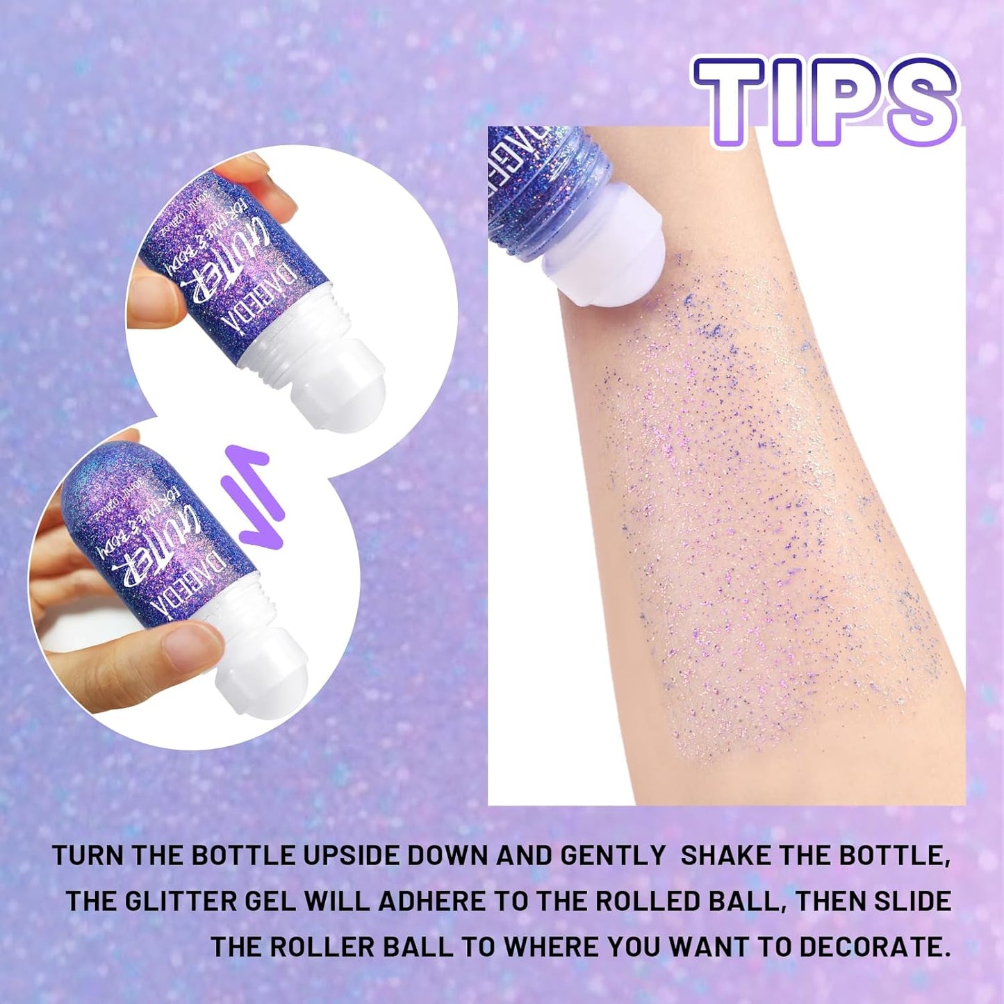 DAGEDA Body Glitter Gel, Roll-on Face Glitter for Mermaid Makeup Festival Rave Accessories, Holographic Hair Glitter Gel,Body Shimmer Halloween Makeup for Rave Party(Crazy Purple)