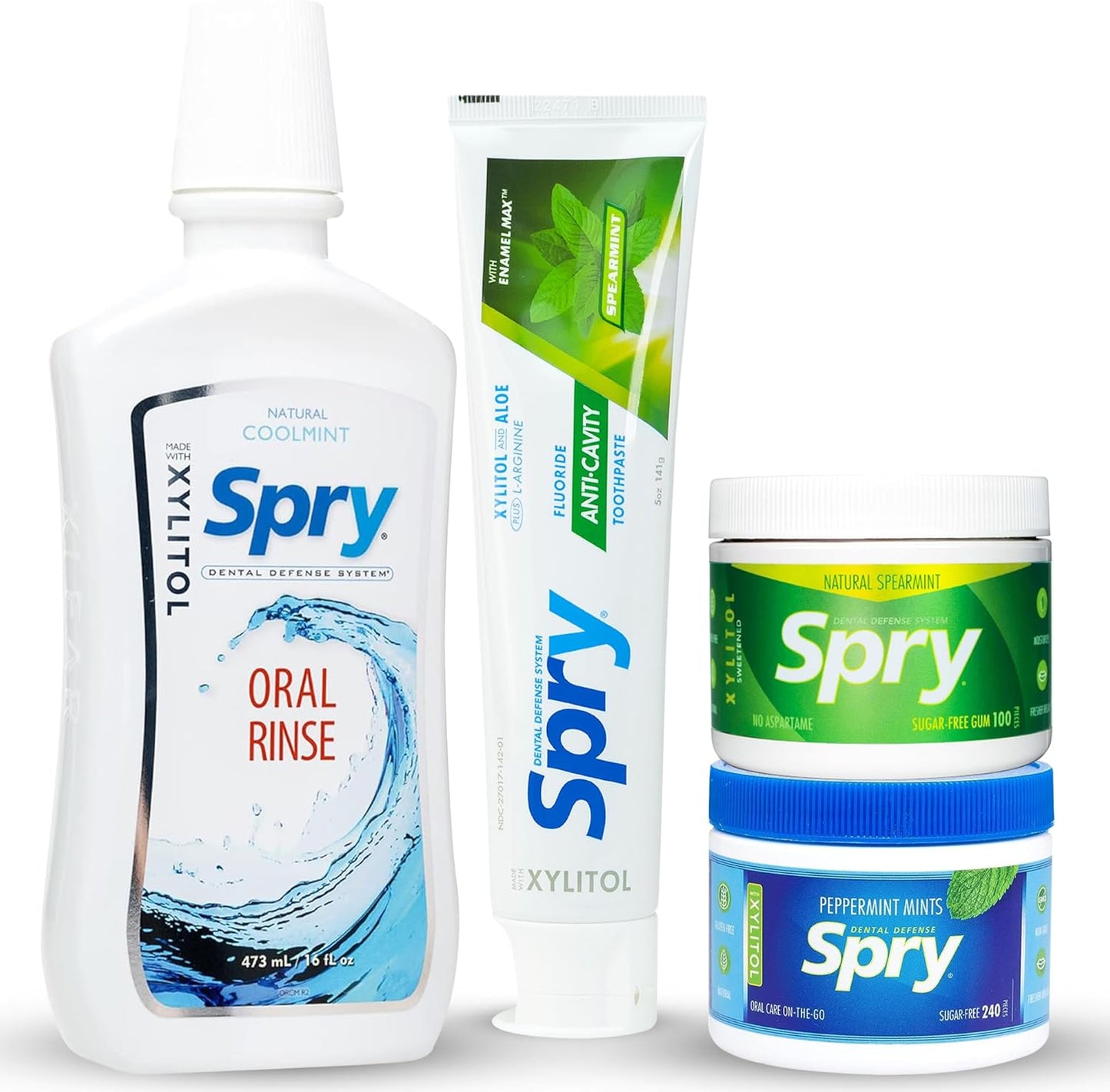 Spry Total Dental Health Kit - All Day Oral Care and Gum Health Including Sugar Free Gum, Candy Mints, Oral Rinse and Spearmint Toothpaste With Xylitol