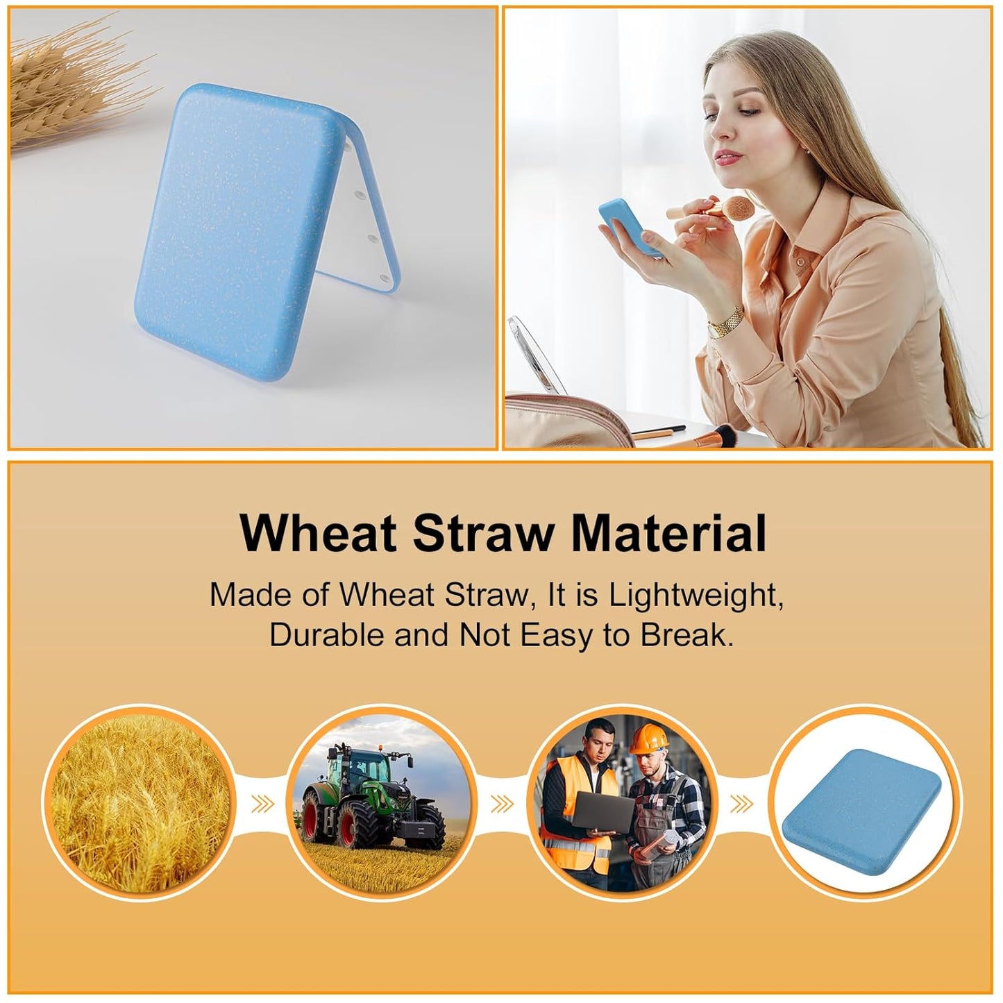 Kintion Wheat Straw Pocket Mirror, 1X/3X Magnification Travel Mirror for Purse, Folding Handheld Mirror, Small Lighted Compact Mirror for Gift, Blue