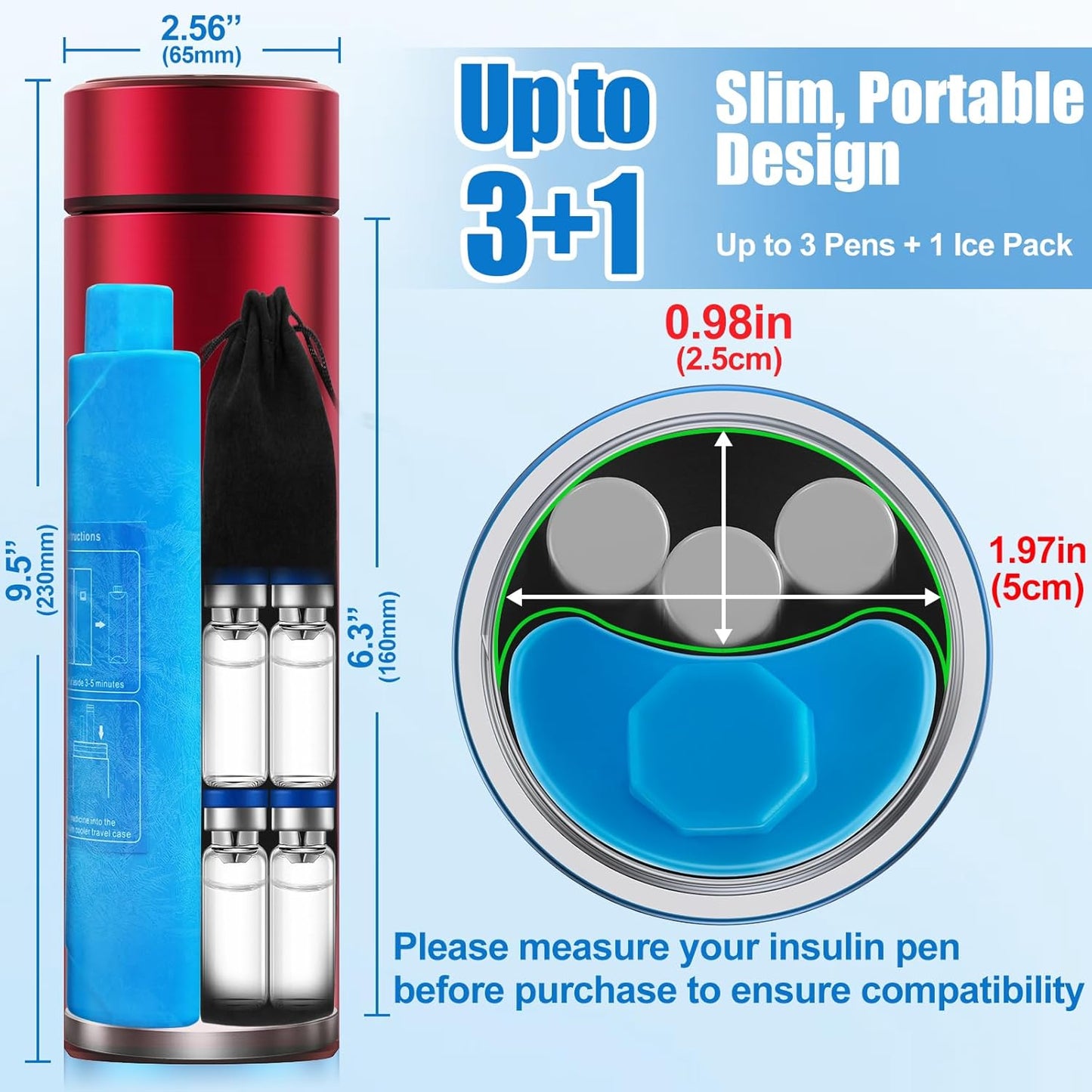 Insulin Travel Case TSA Approved – Durable Diabetic Injection Travel Case for 2-3 Pens – Medication Cooler for Travel with Reusable Gel Ice Pack for Diabetes Supplies (Red)
