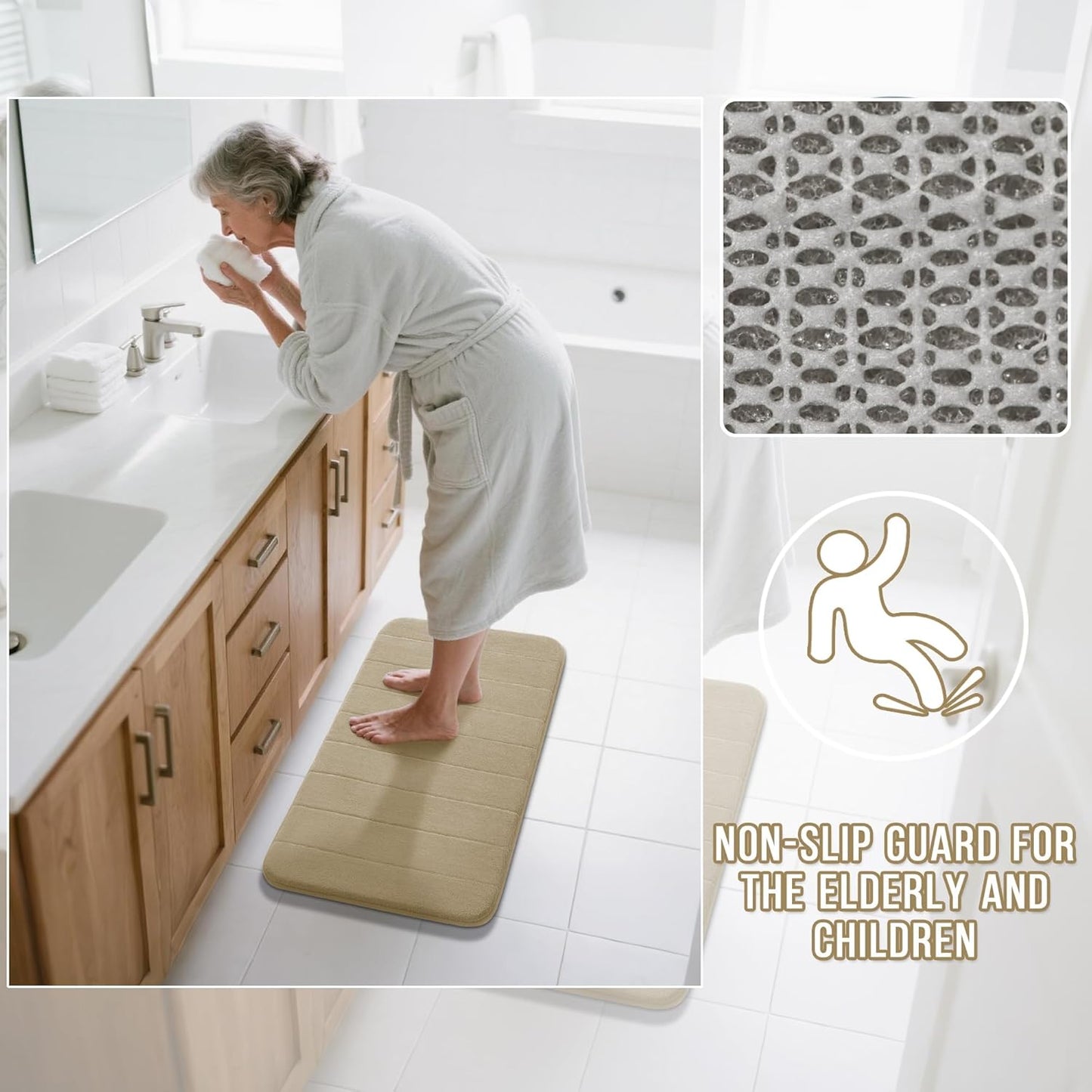 Yimobra Large Bath Mat 36"x24", Super Soft Quick Dry Memory Foam Bathroom Rug, Water Absorbent, Non Slip Backing Machine Washable for Tub Shower, Thick Comfort Support, Pale Khaki