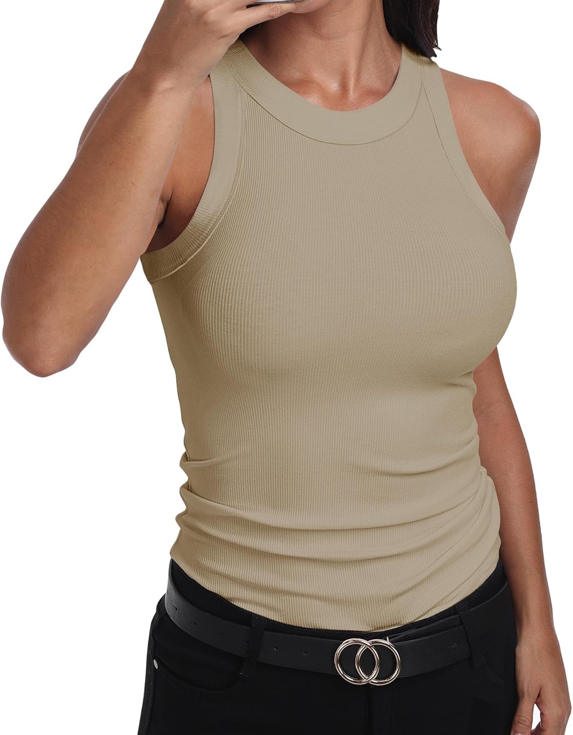 GEMBERA Womens Sleeveless Racerback High Neck Casual Basic Cotton Ribbed Fitted Tank Top